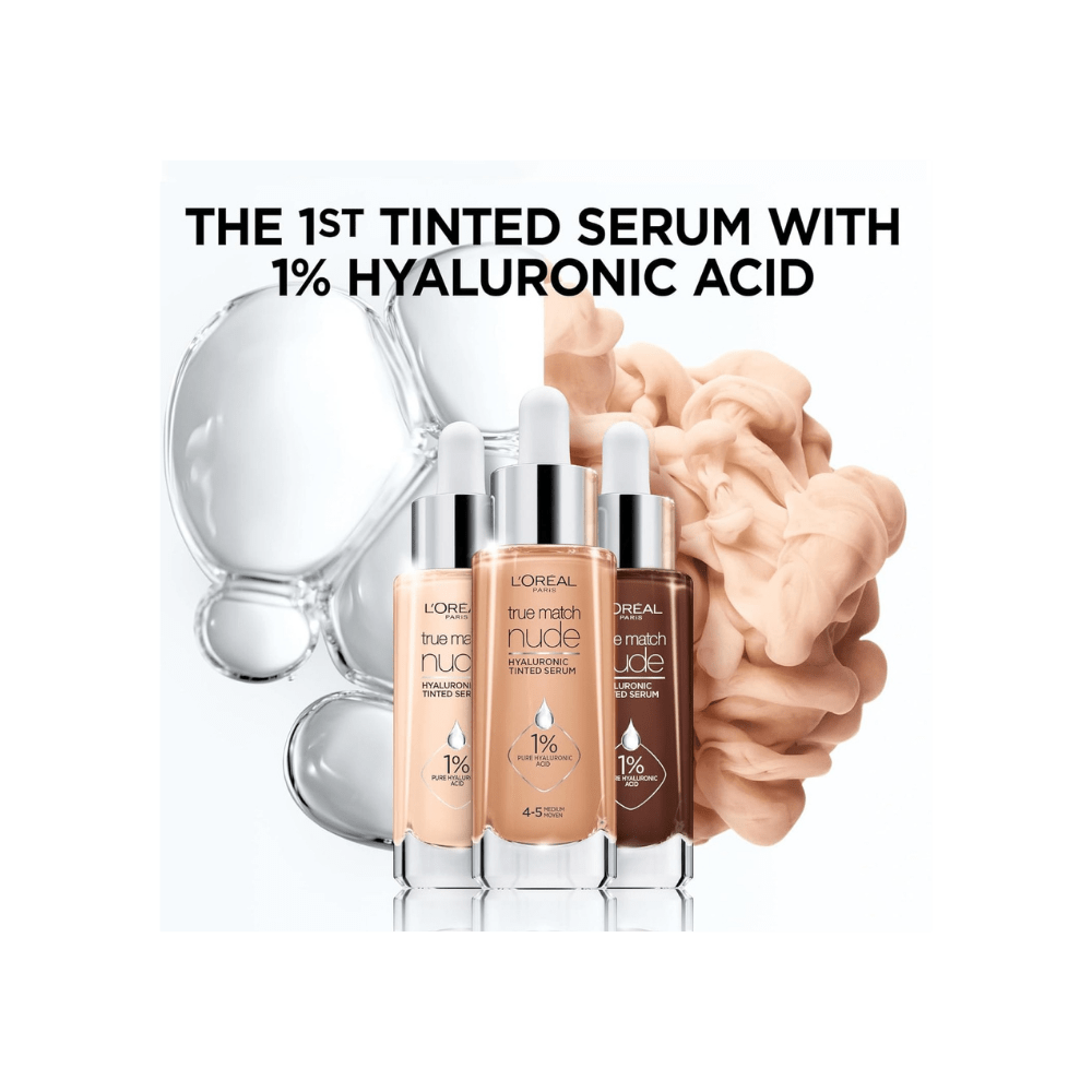 Tinted serum foundation bottle by L'Oreal, featuring a minimalist design.