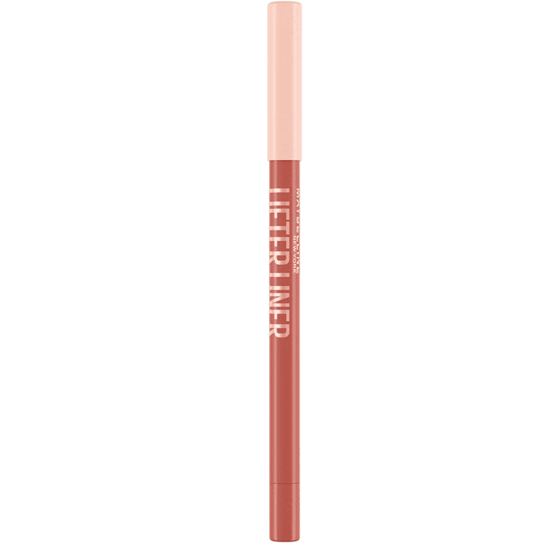 A close-up of a sleek, retractable lip liner with a taupe shade and metallic accents.