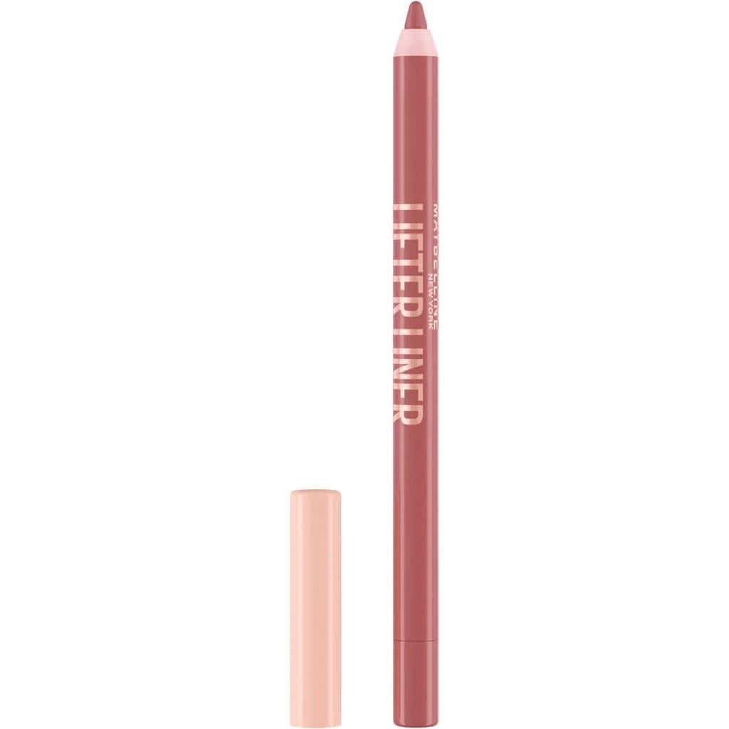 Close-up of Maybelline lip liner in a muted pink shade with sleek silver packaging.
