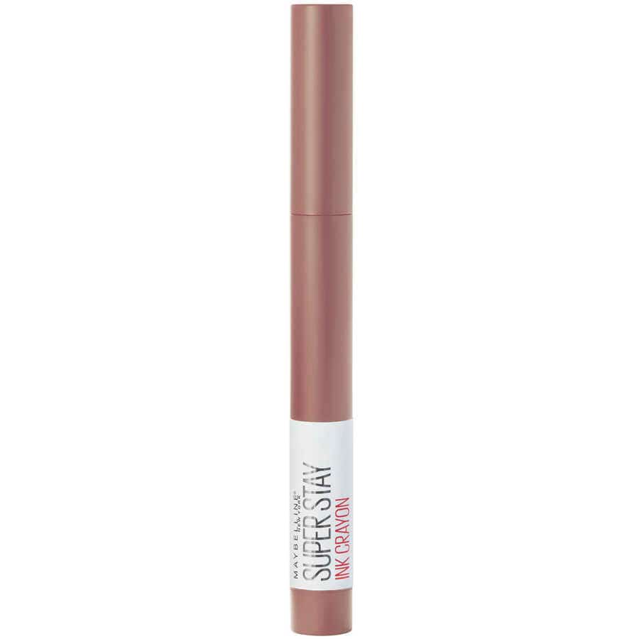 Slim, beige-colored lipstick crayon with a cap, designed for precise application and lasting color.
