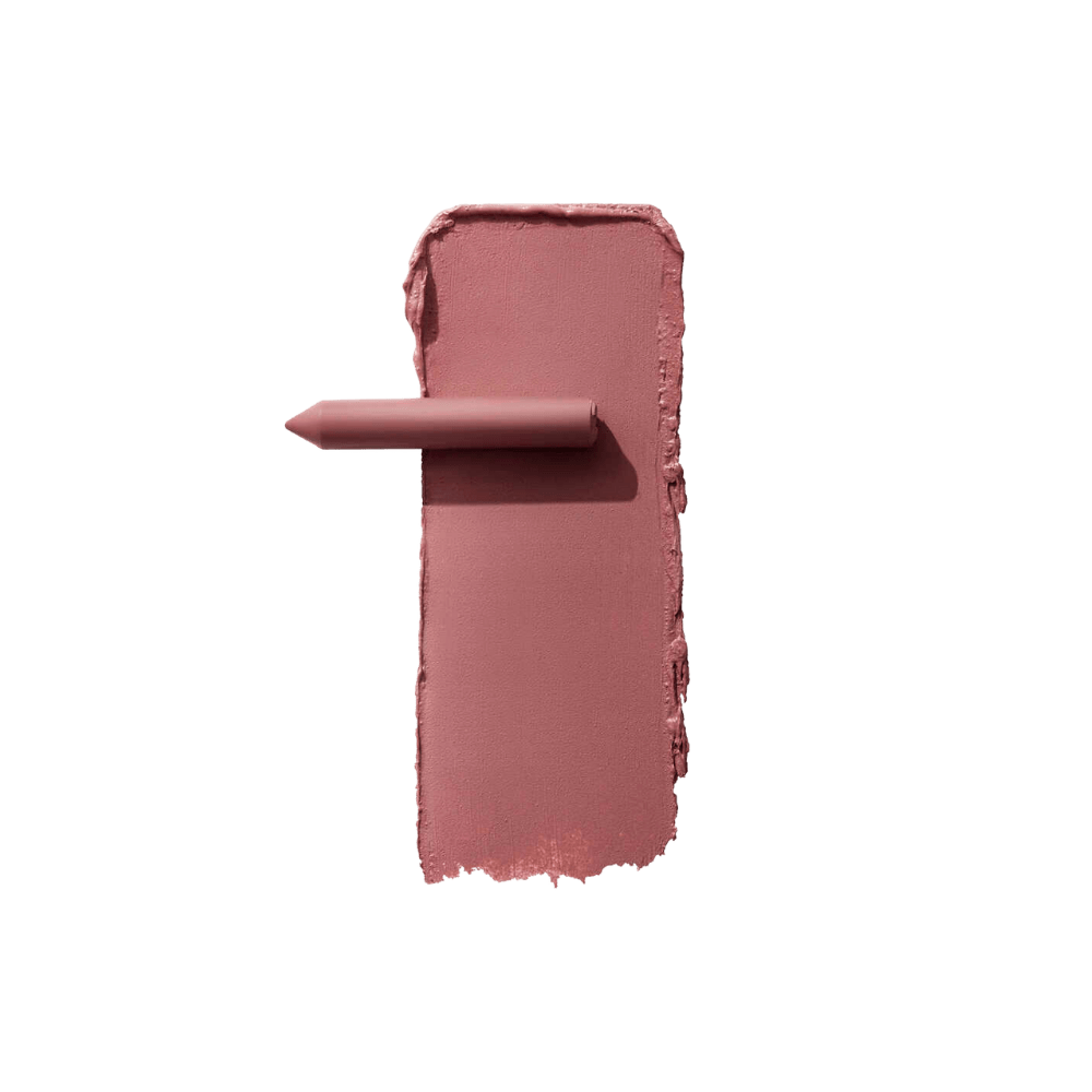 Pink lipstick crayon displayed with its cap on, showcasing a matte finish.