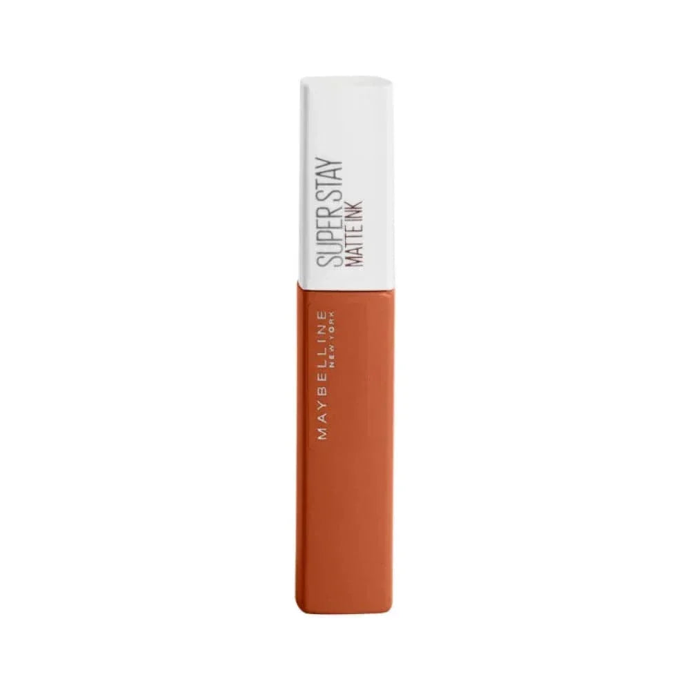 Matte Ink lipstick by Maybelline shown in a rich brown color, marked as shade 135 Globetrotter.