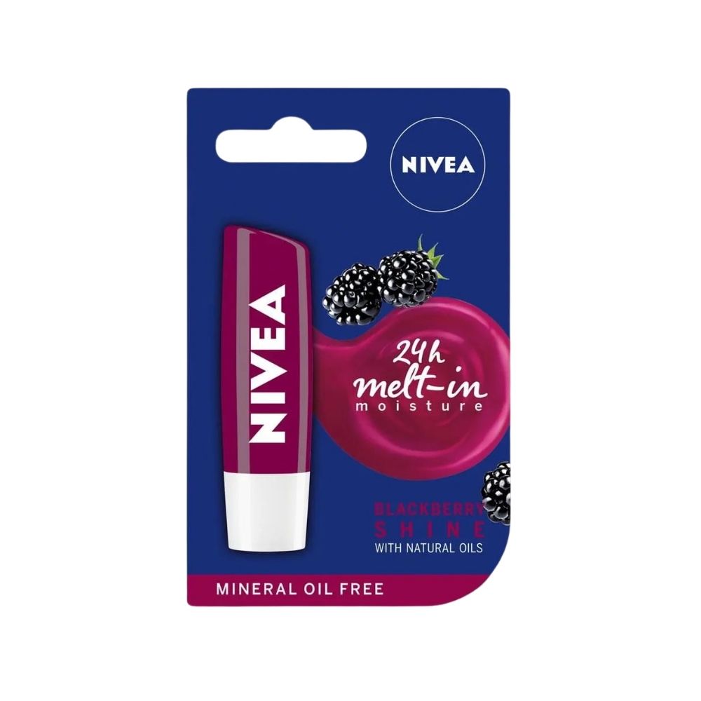 Set of three Nivea blackberry lip care sticks, each with a smooth, dark berry finish.