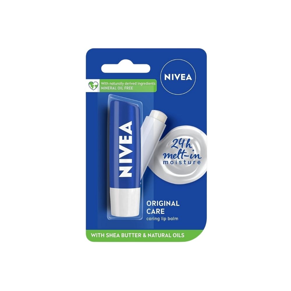A set of five Nivea lip balms, each wrapped in a blue tube with bold white lettering.