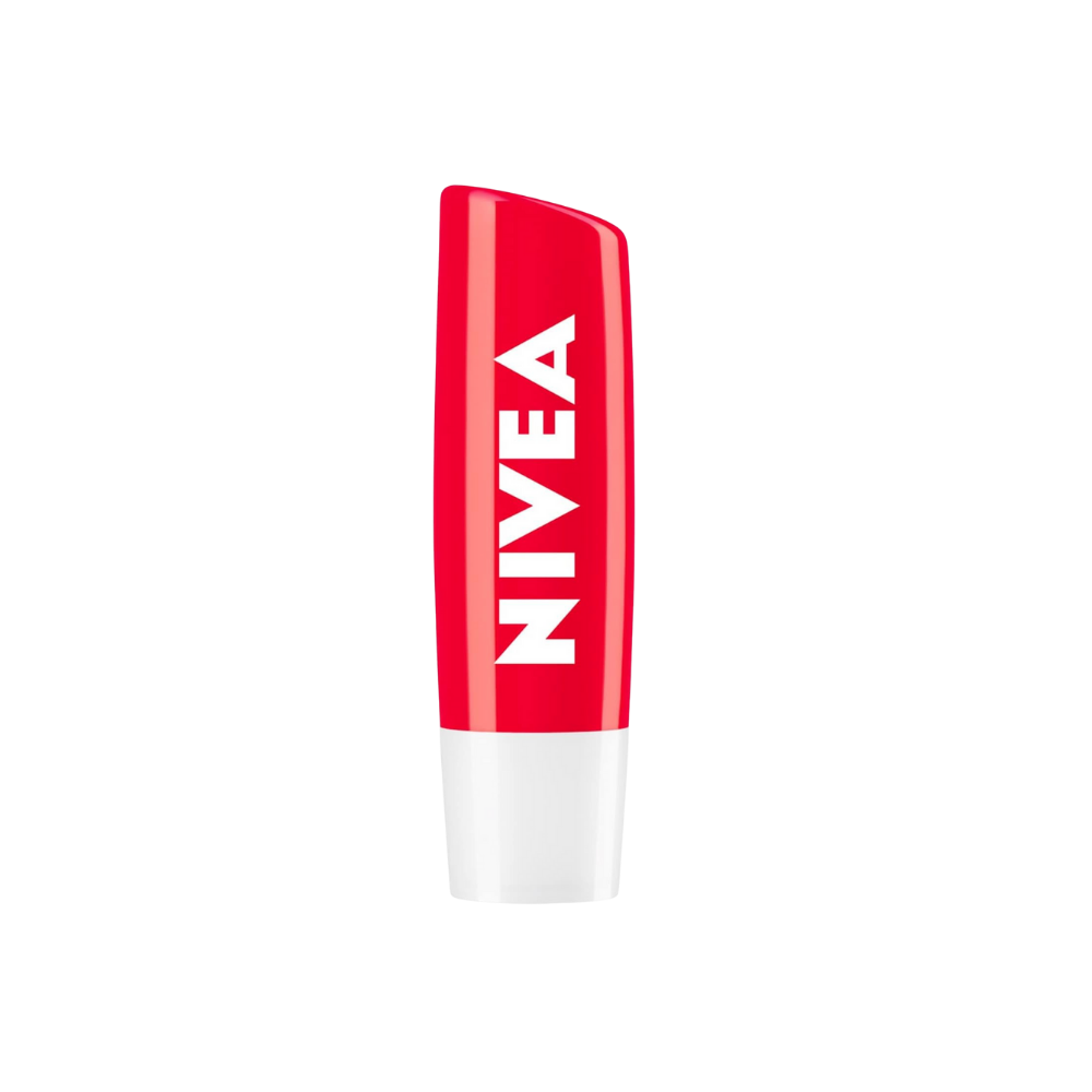 Close-up of a Nivea lip balm in strawberry flavor with a red cap and white base.