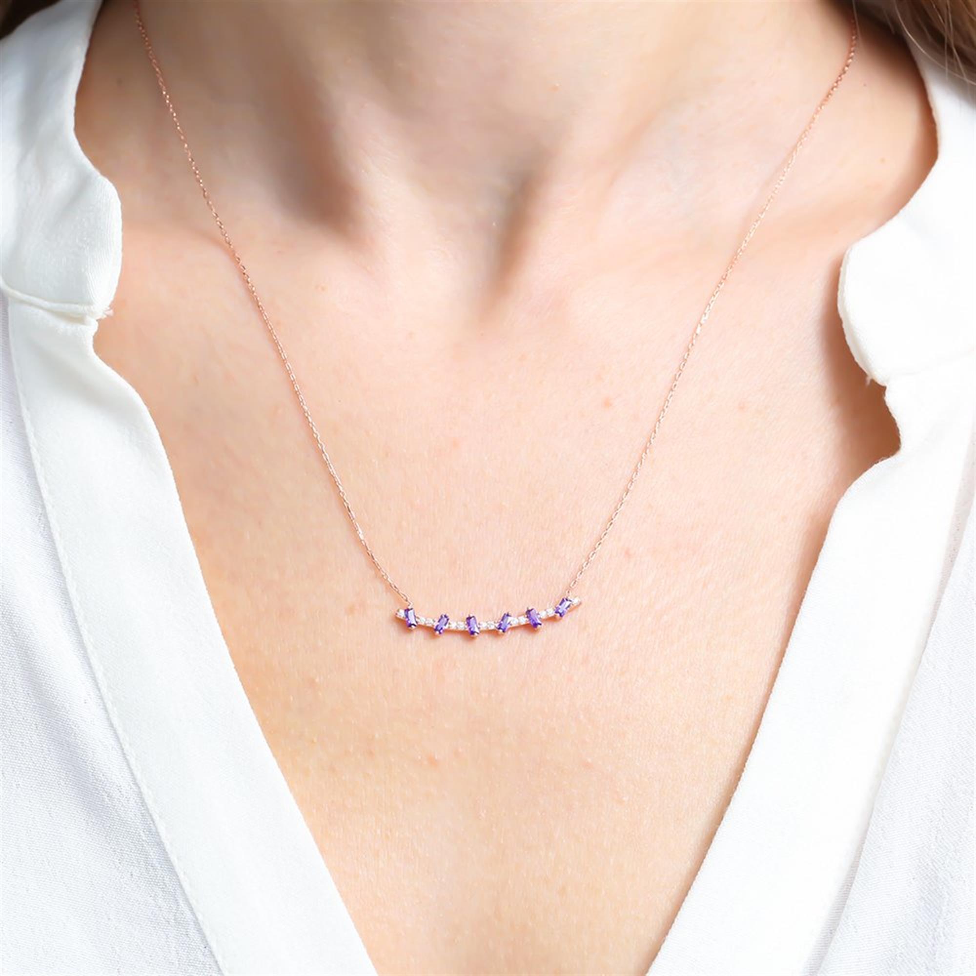 Amethyst Baguette Sparkle Bar Rose Gold Necklace