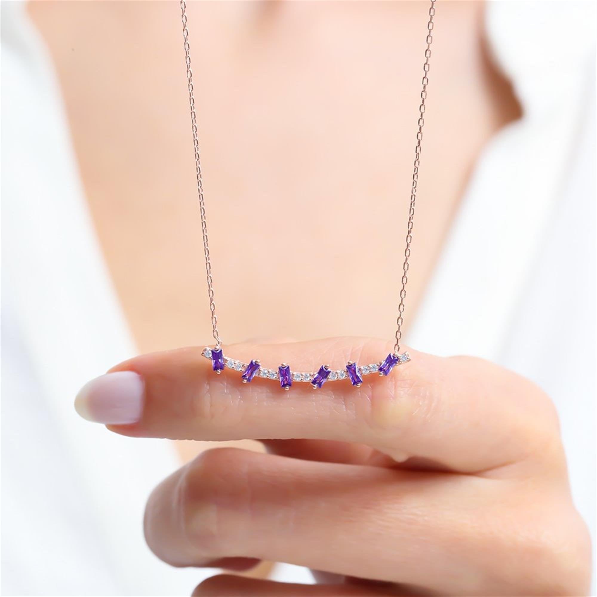 Amethyst Baguette Sparkle Bar Rose Gold Necklace