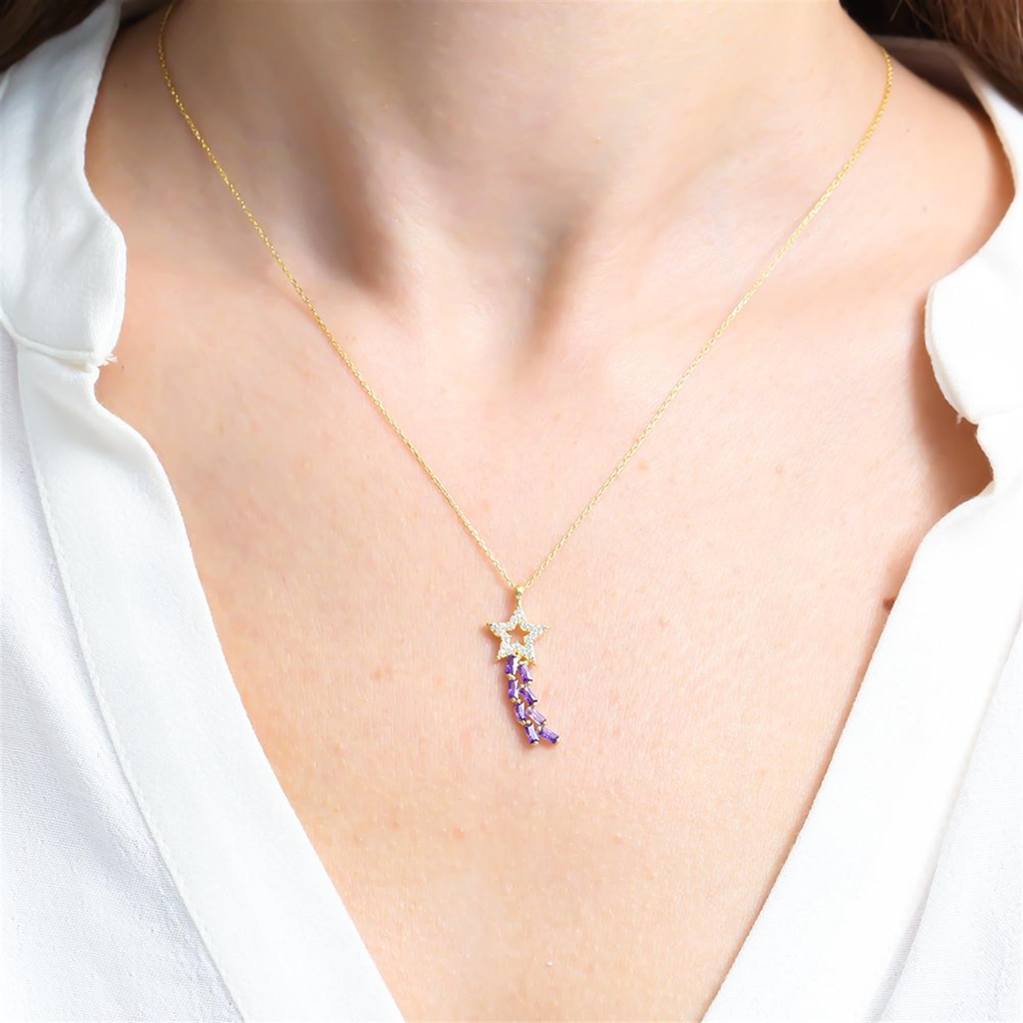 Amethyst Baguette Shooting Star Gold Plated Necklace