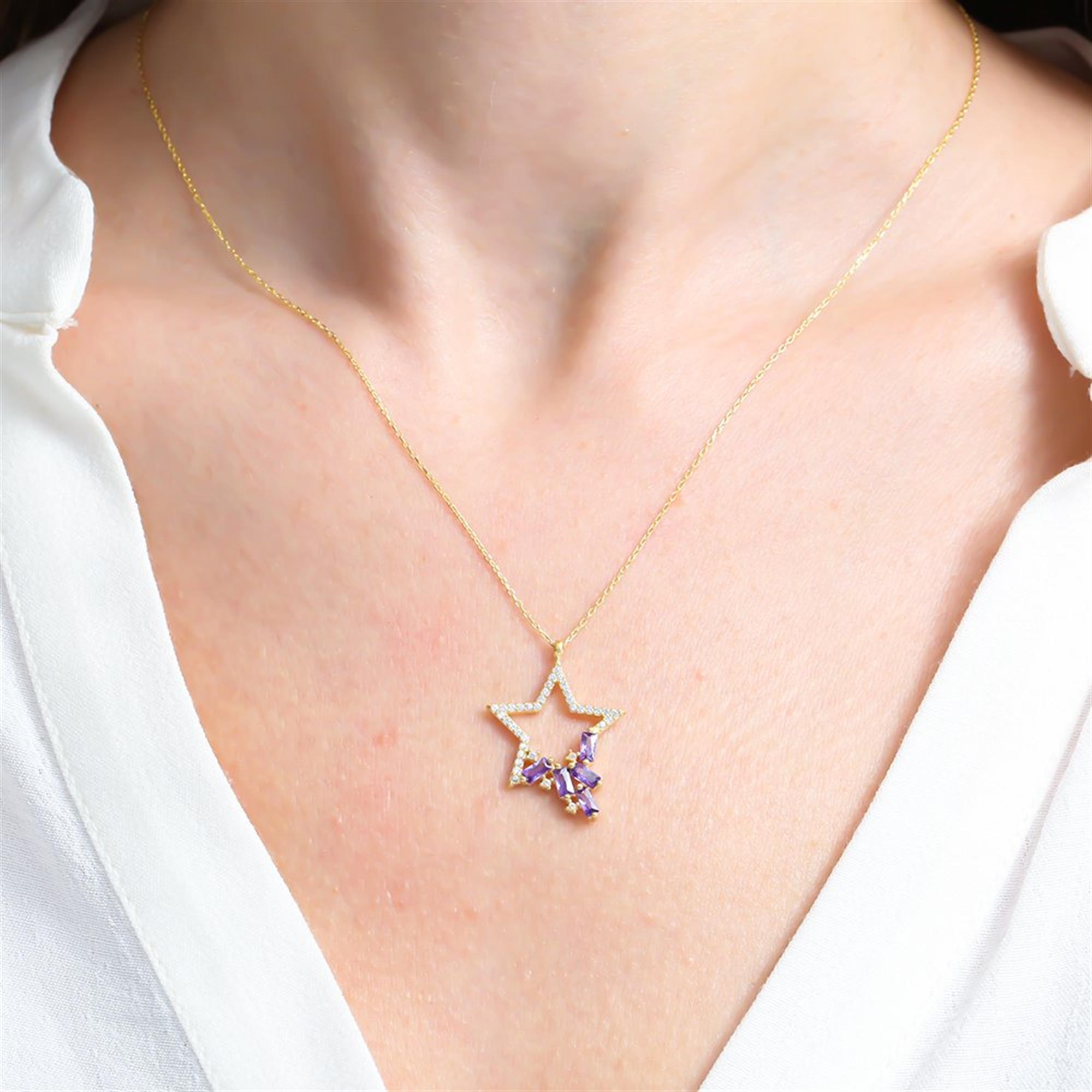 Amethyst Baguette Star Gold Plated Necklace