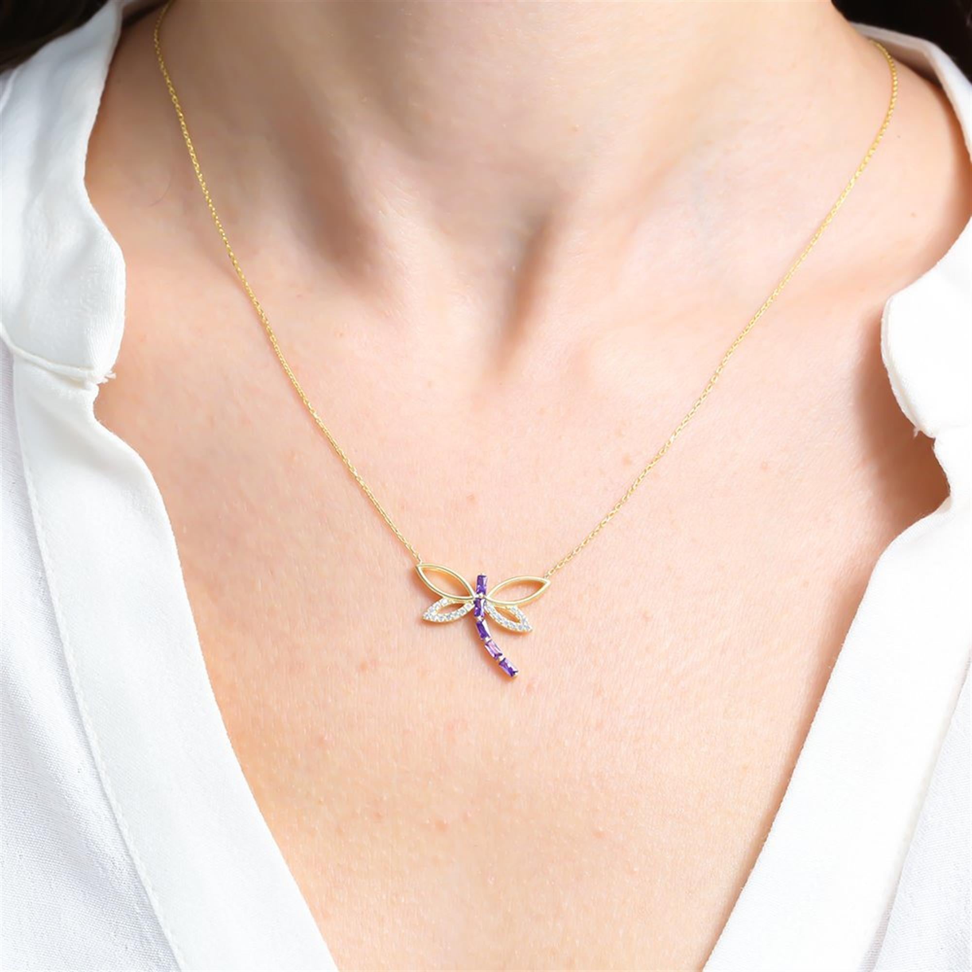 Amethyst Baguette Dragonfly Gold Plated Necklace