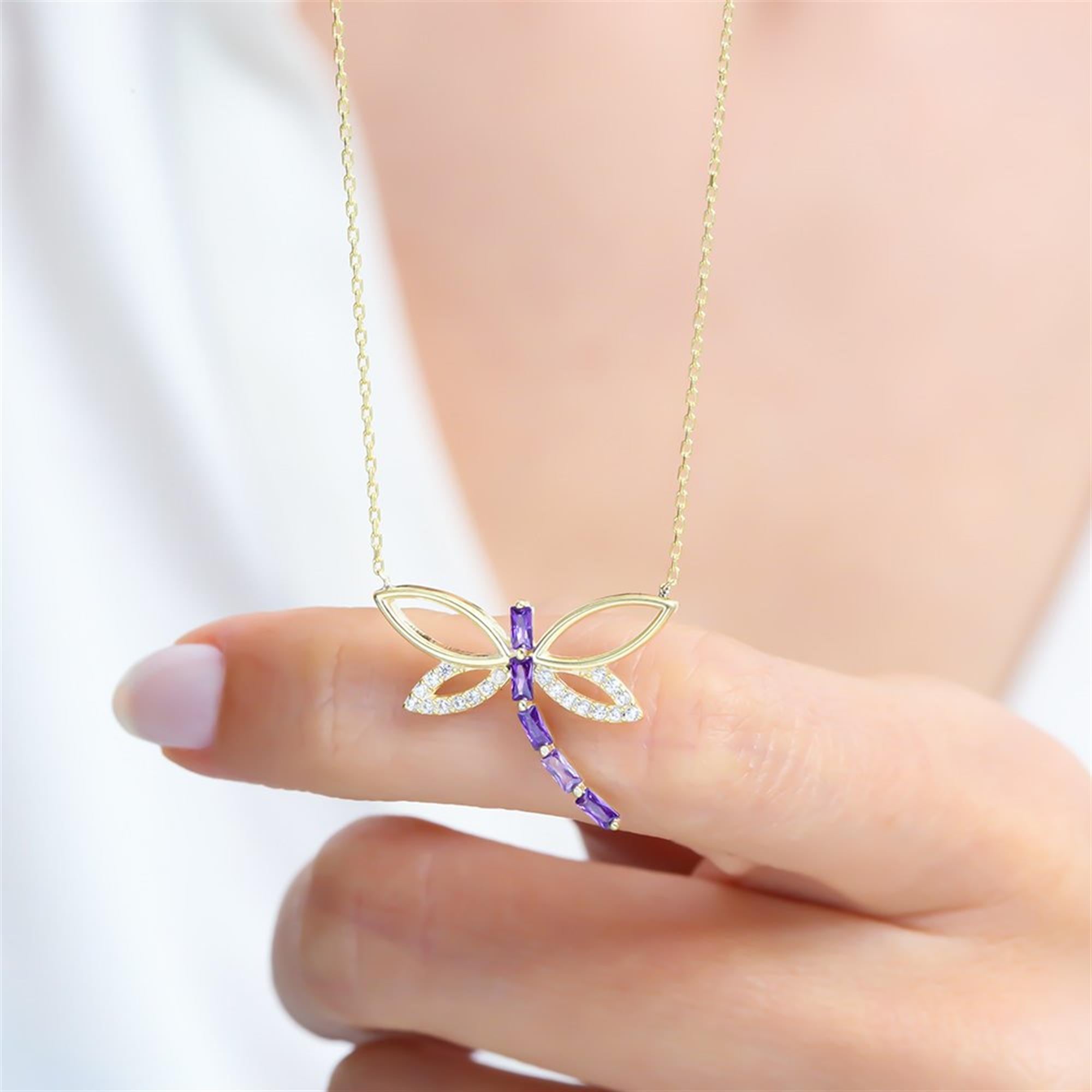Amethyst Baguette Dragonfly Gold Plated Necklace