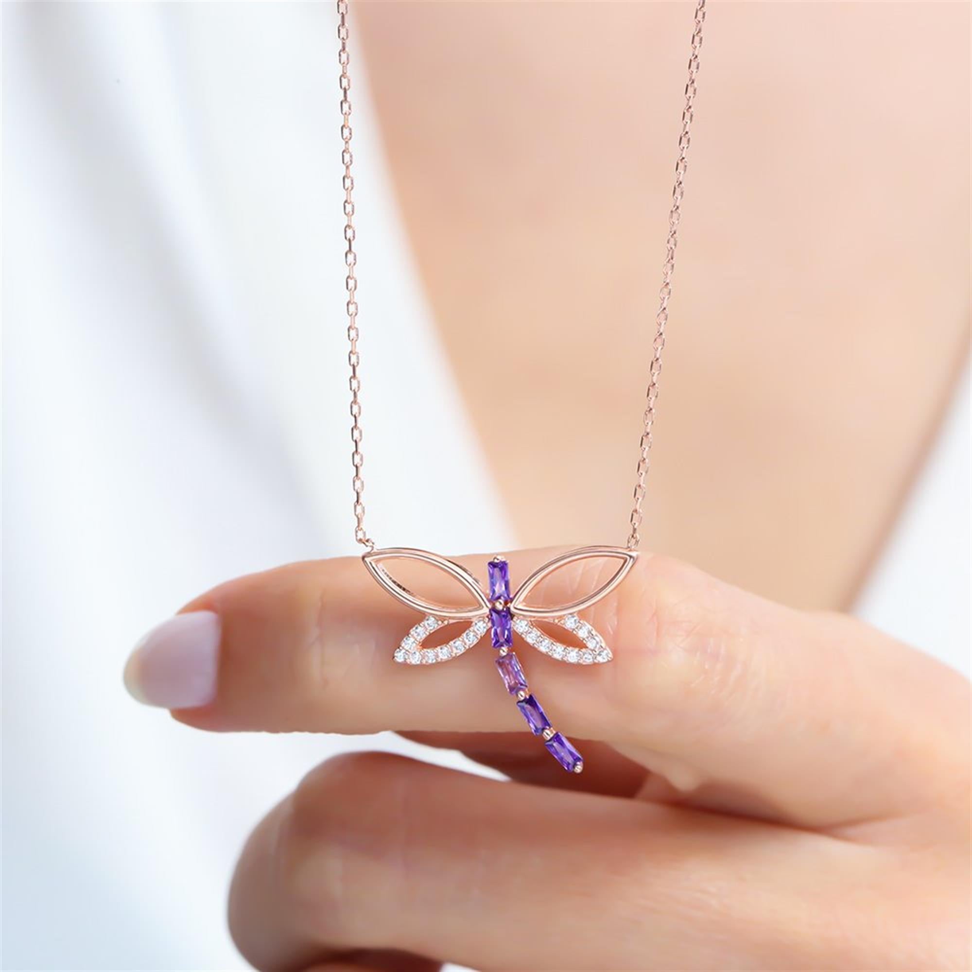 Amethyst Baguette Dragonfly Rose Gold Necklace