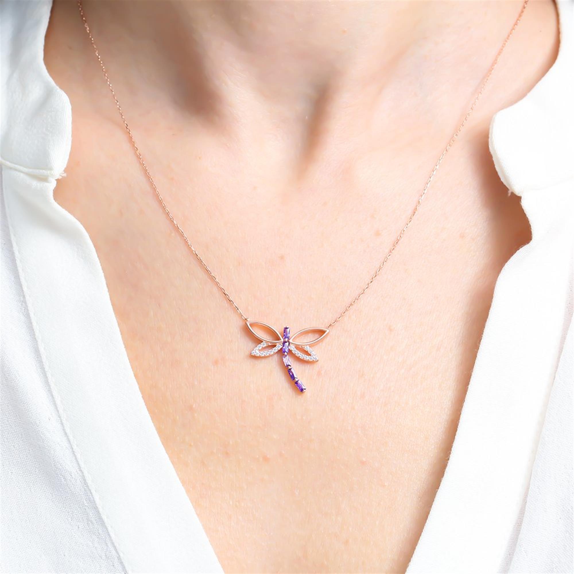 Amethyst Baguette Dragonfly Rose Gold Necklace