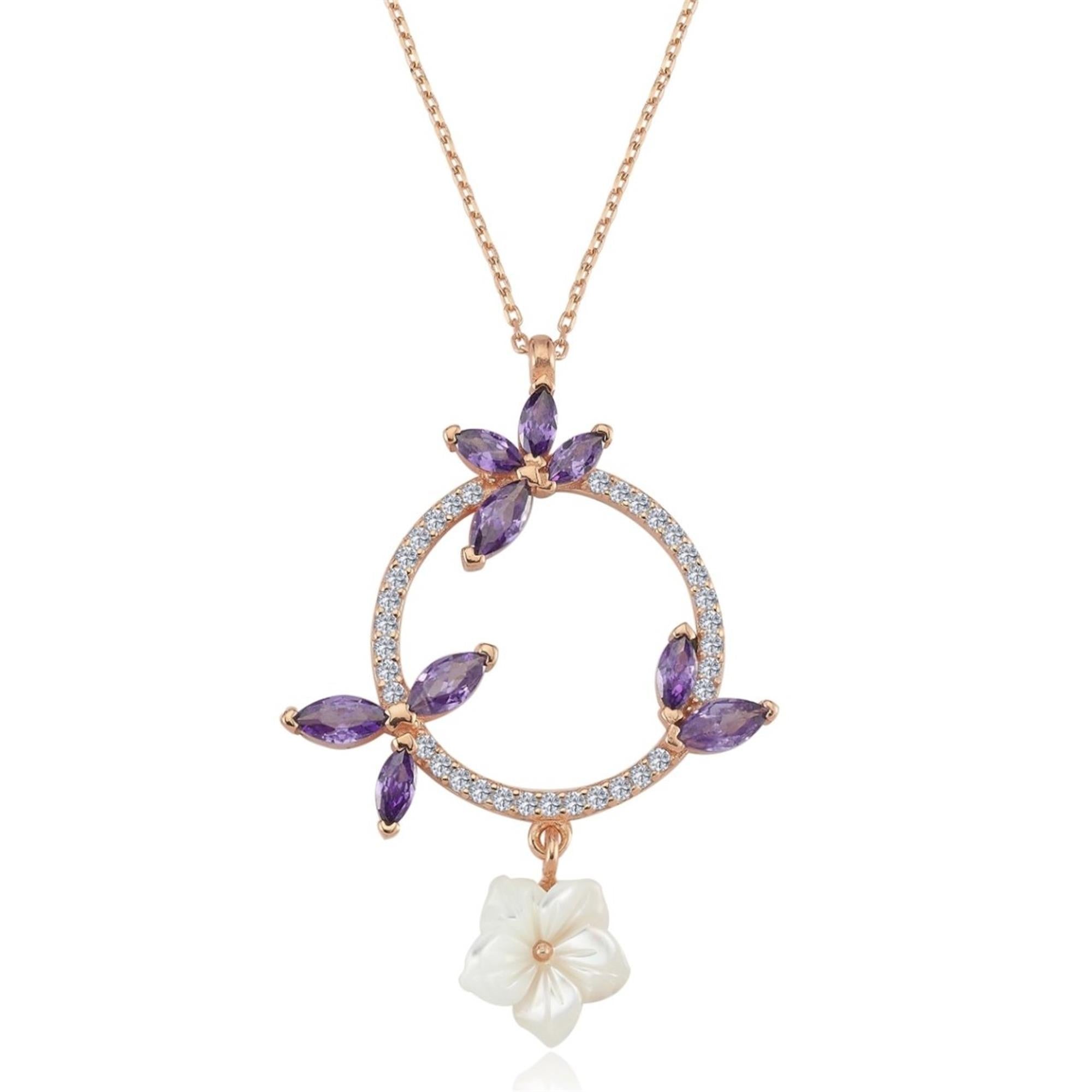 Rose gold necklace with amethyst marquise stones and a mother-of-pearl flower charm – a feminine and floral pendant perfect for spring elegance.