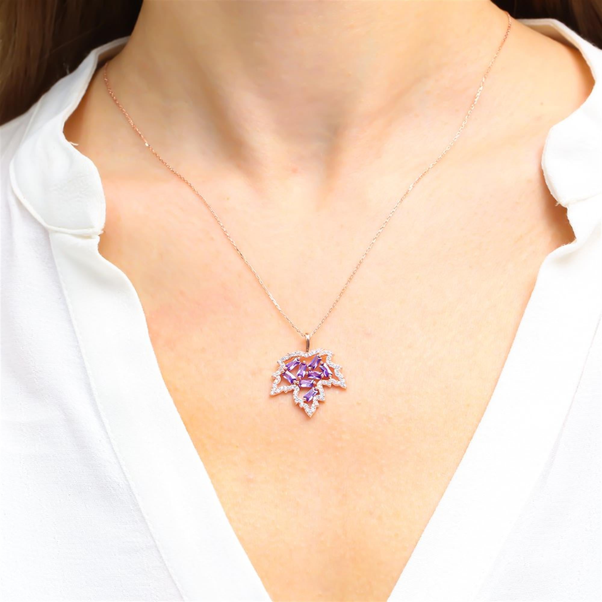 Amethyst Plane Tree Leaf Rose Gold Necklace
