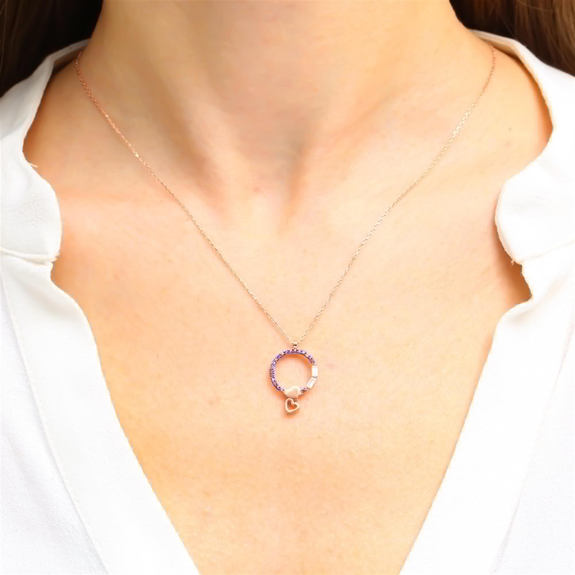 Amethyst Heart Charm Circle Rose Gold Necklace