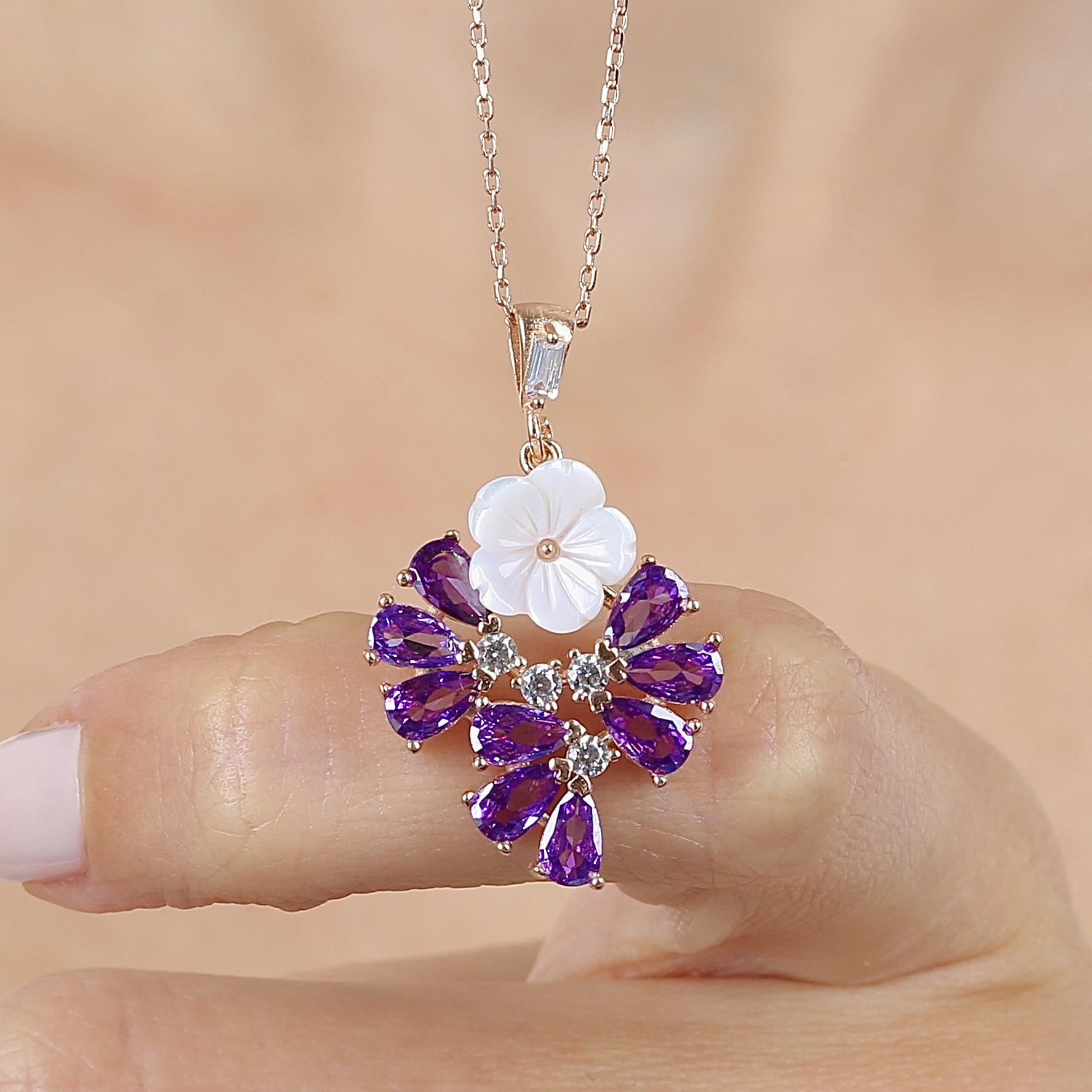 Amethyst Drop Tale Magnolia Flower Silver Necklace