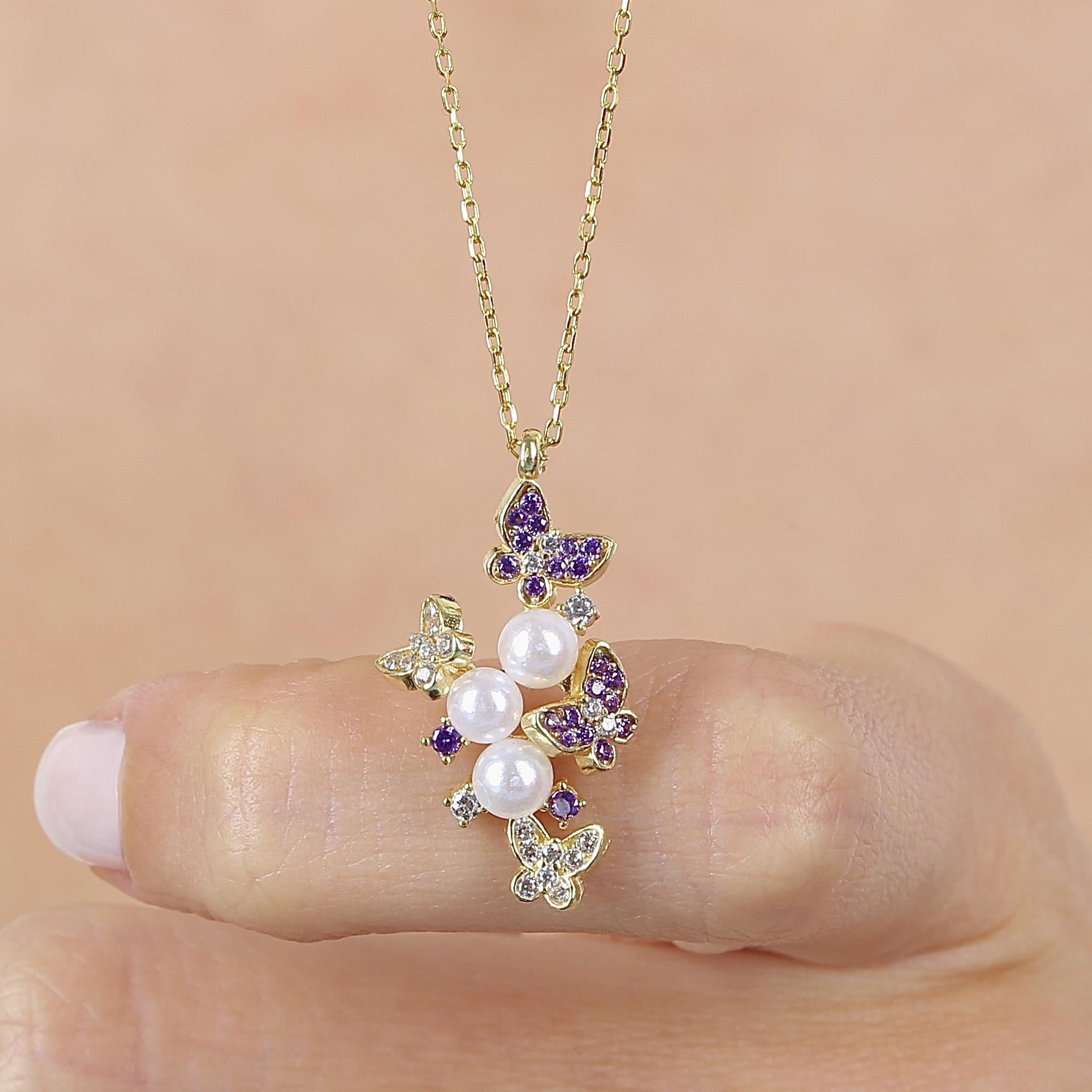 Amethyst Stone Butterfly Gold Plated Pearl Necklace
