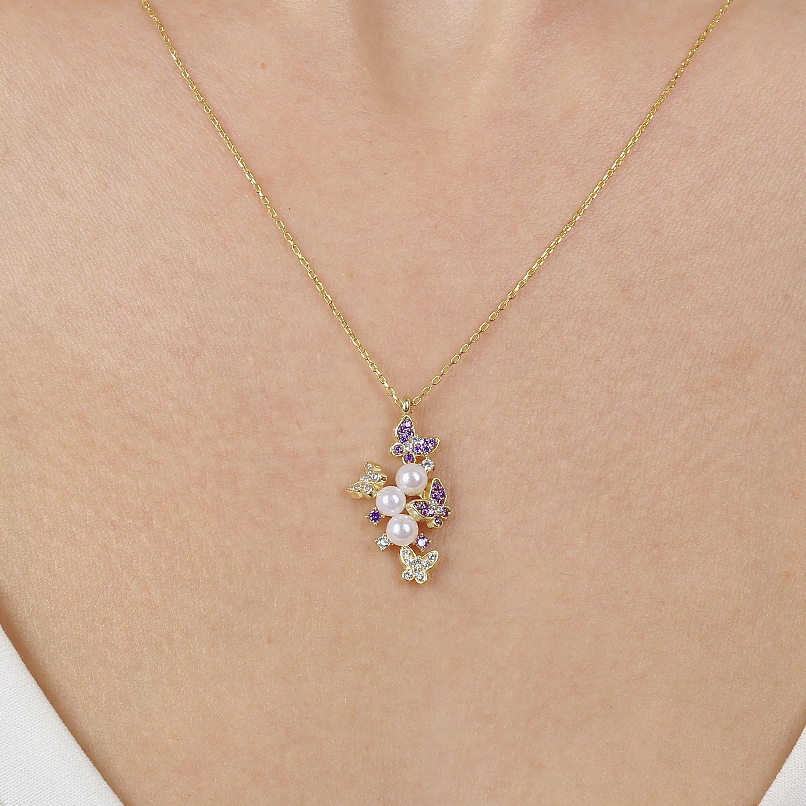 Amethyst Stone Butterfly Gold Plated Pearl Necklace