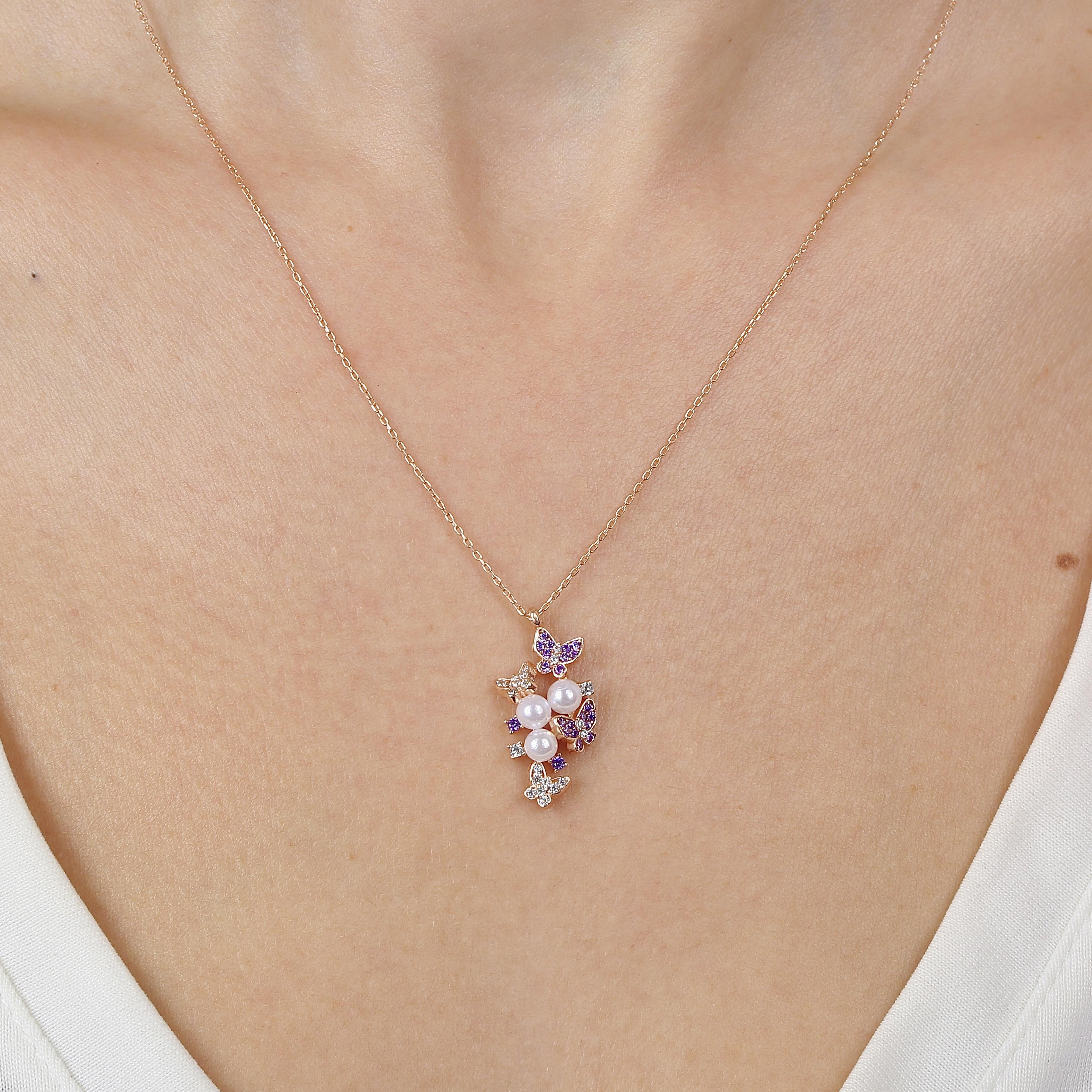 Amethyst Stone with Pearl Detail Butterfly Silver Necklace