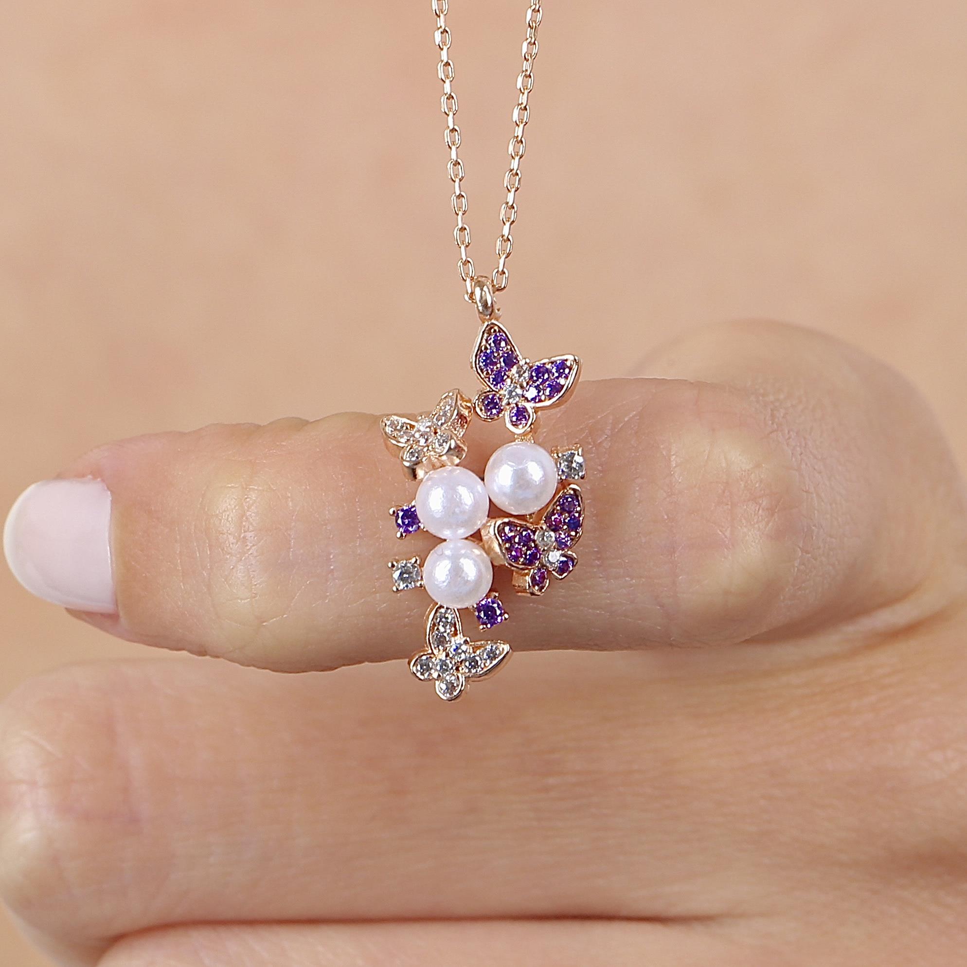 Amethyst Stone with Pearl Detail Butterfly Silver Necklace