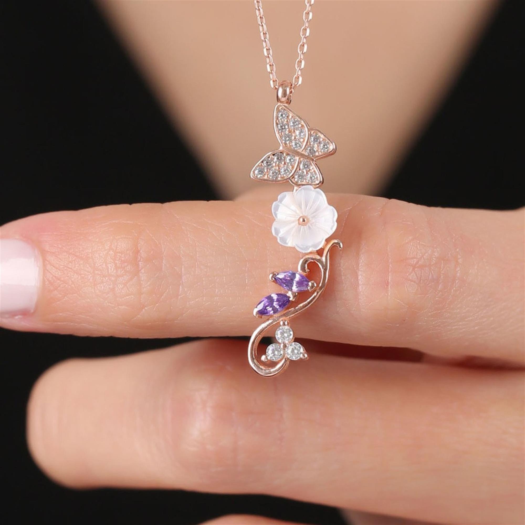 Amethyst Magnolia Flower Butterfly Dance Silver Necklace