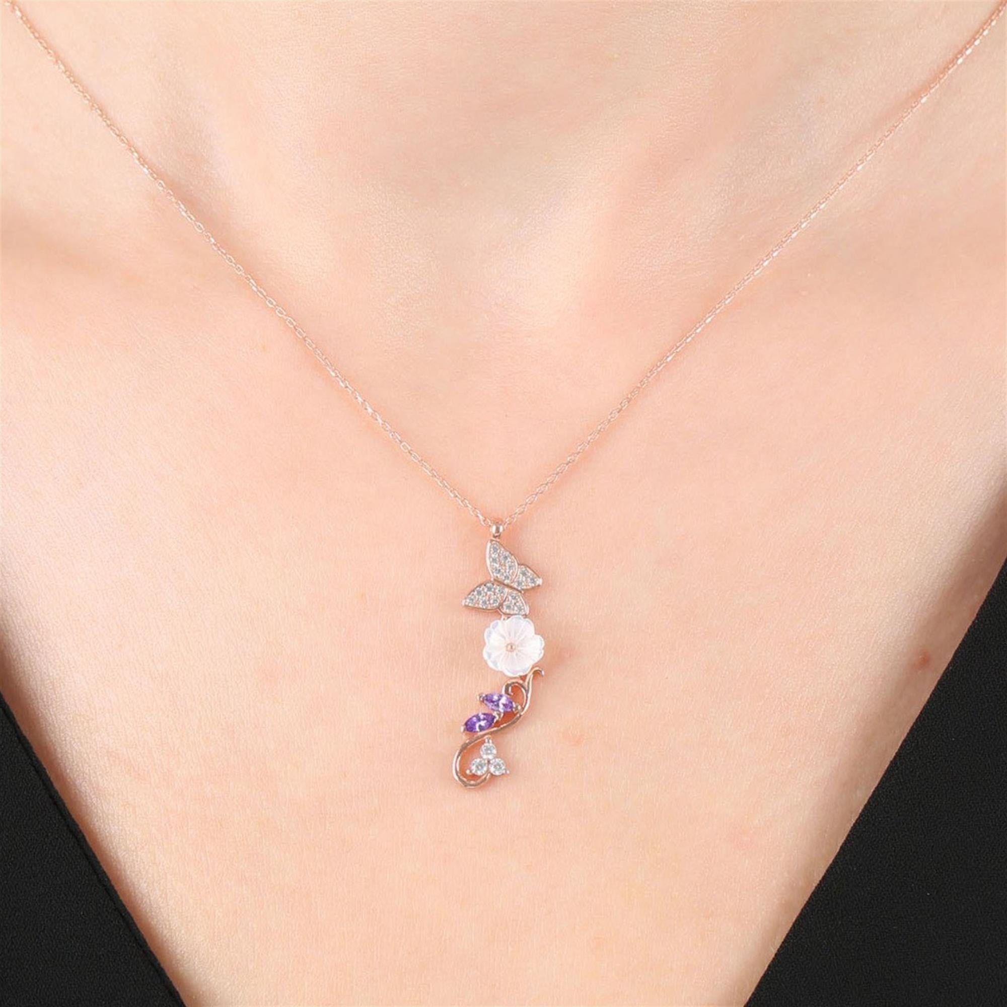 Amethyst Magnolia Flower Butterfly Dance Silver Necklace