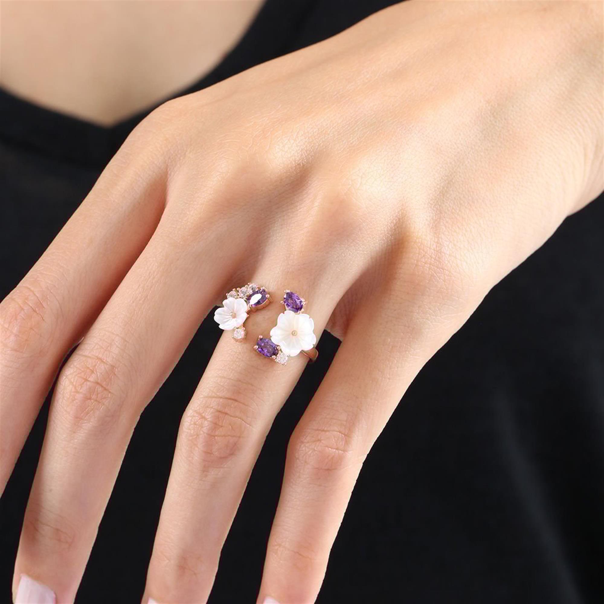 Amethyst Magnolia Flower Silver Ring