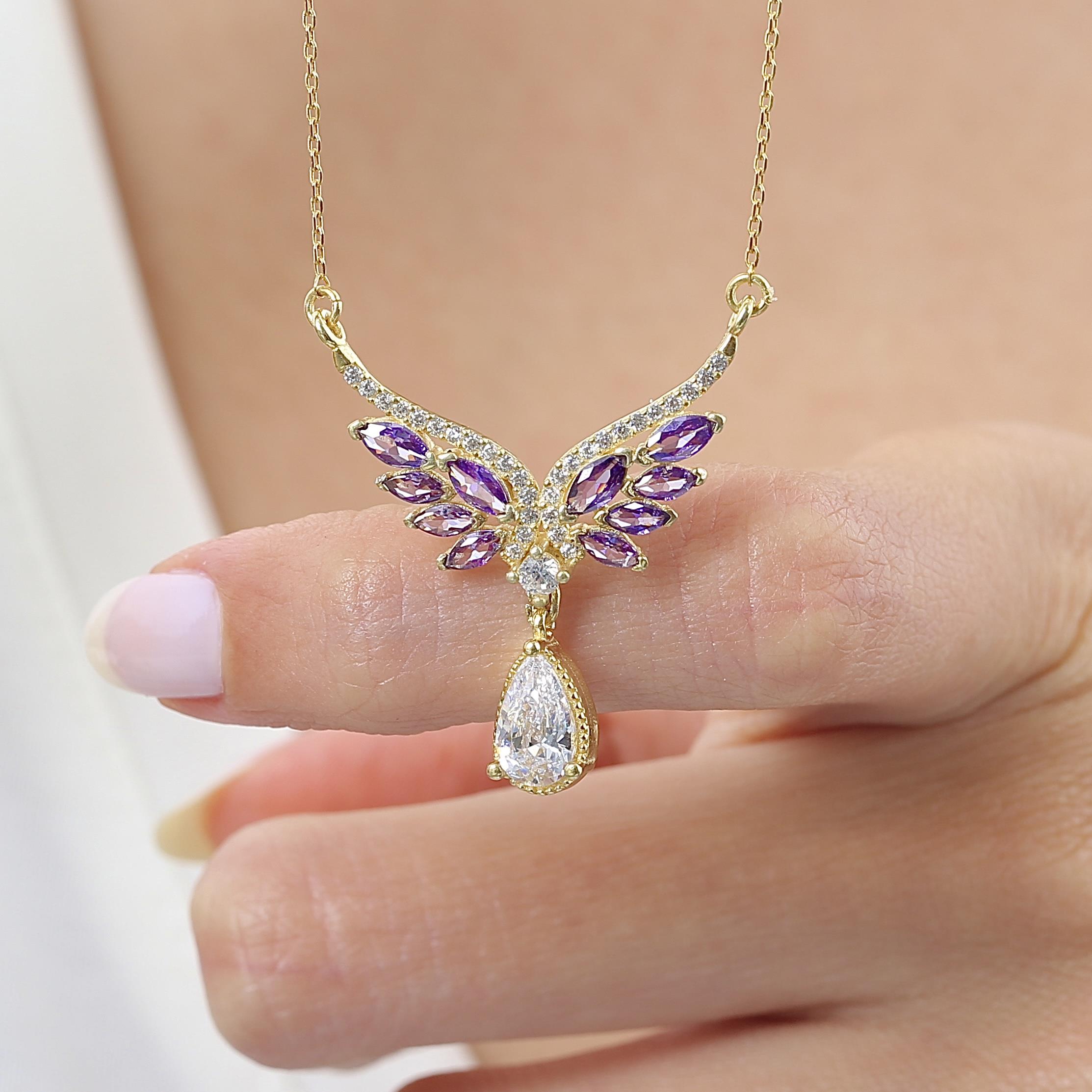 Amethyst Angel Wing Silver Pendant Necklace