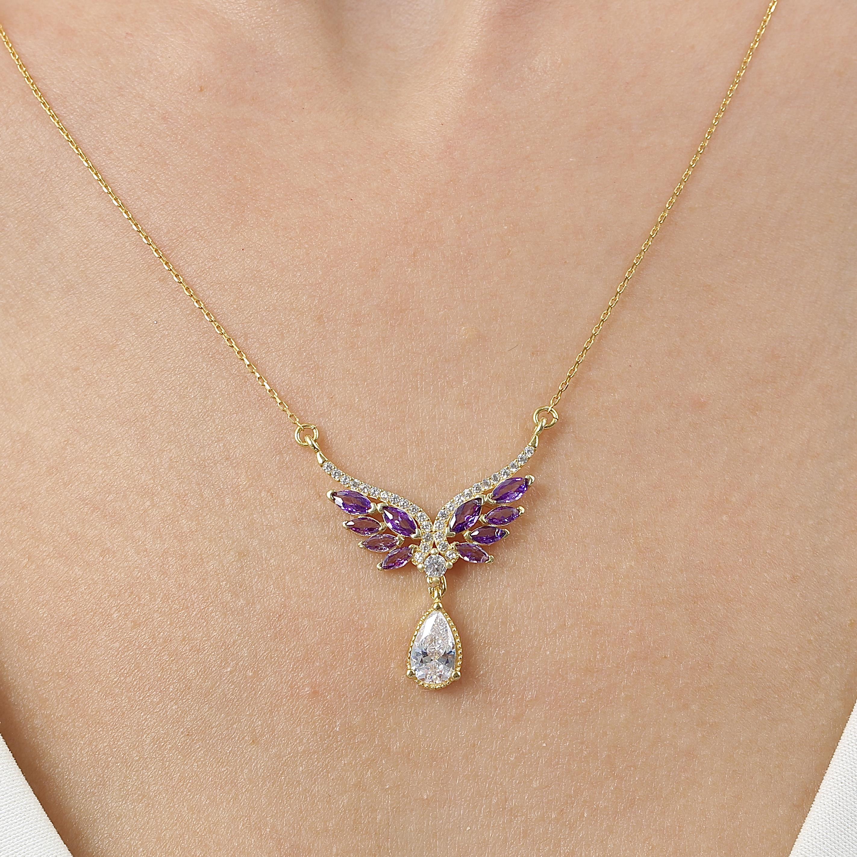 Amethyst Angel Wing Silver Pendant Necklace