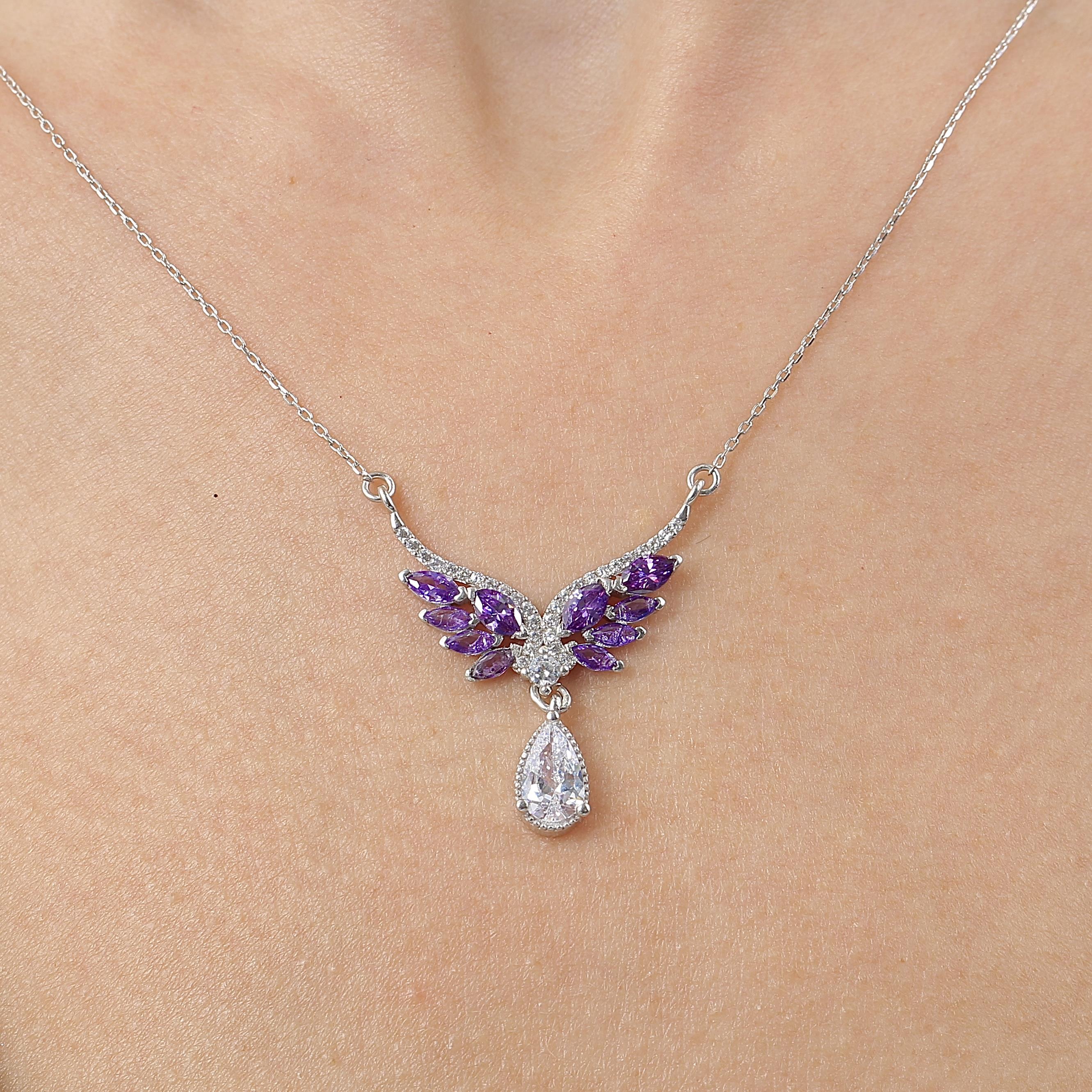 Amethyst Angel Wing Silver Pendant Necklace