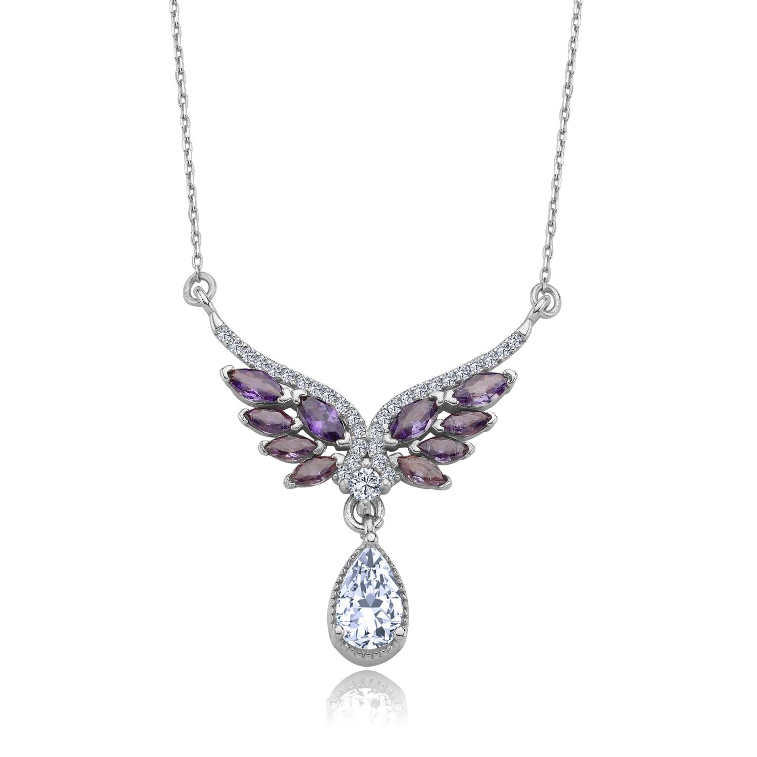 Amethyst Angel Wing Silver Pendant Necklace