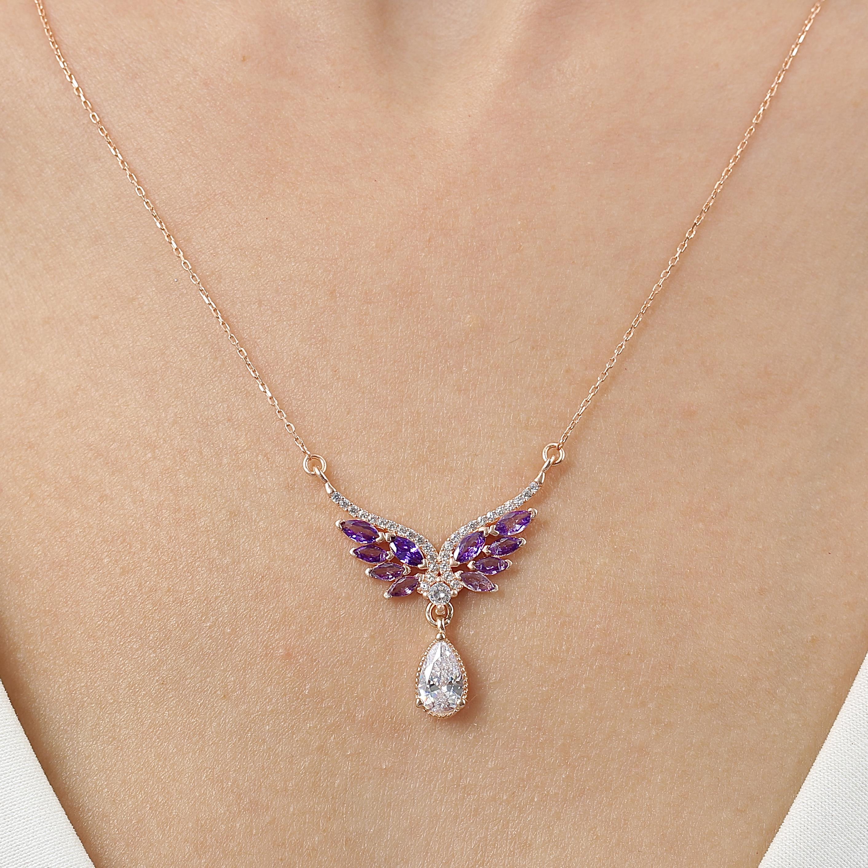 Amethyst Angel Wing Silver Pendant Necklace
