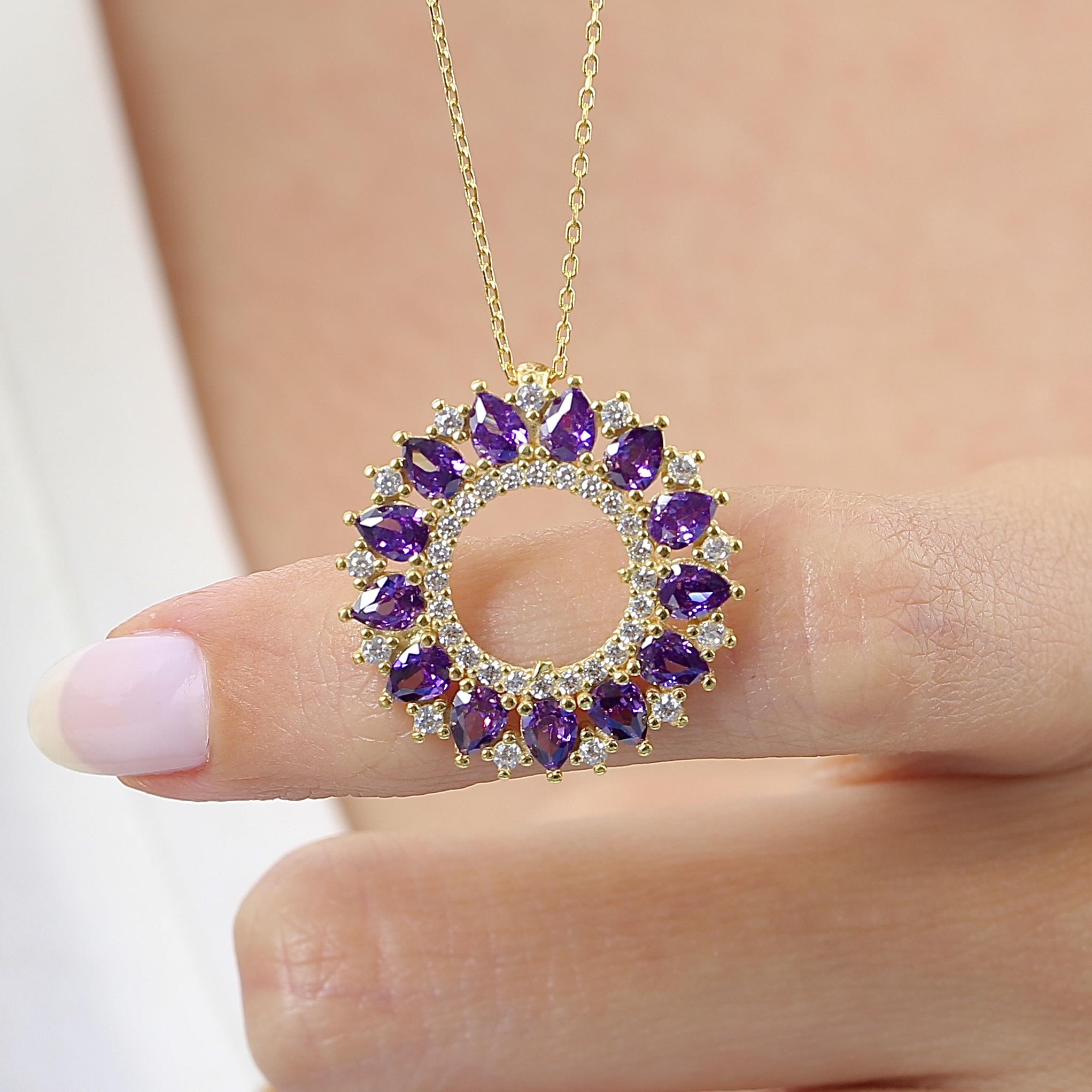 Gold Plated Amethyst Ocean Sun Silver Necklace