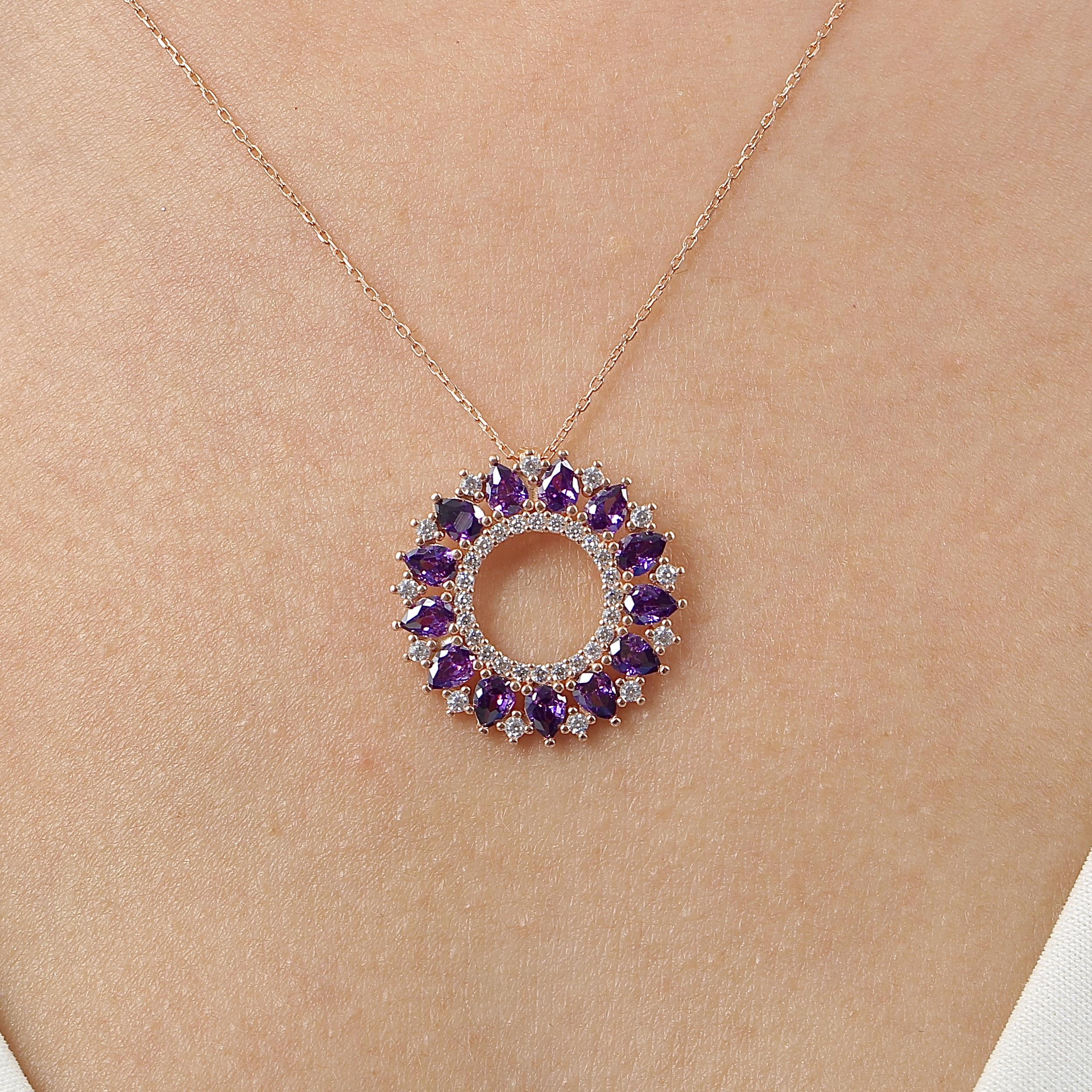 Amethyst Stone Ocean Sun Geometric Rose Gold Necklace