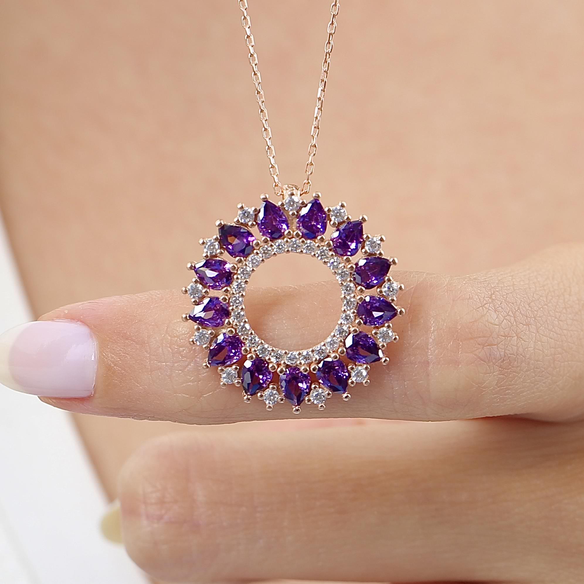 Amethyst Stone Ocean Sun Geometric Rose Gold Necklace