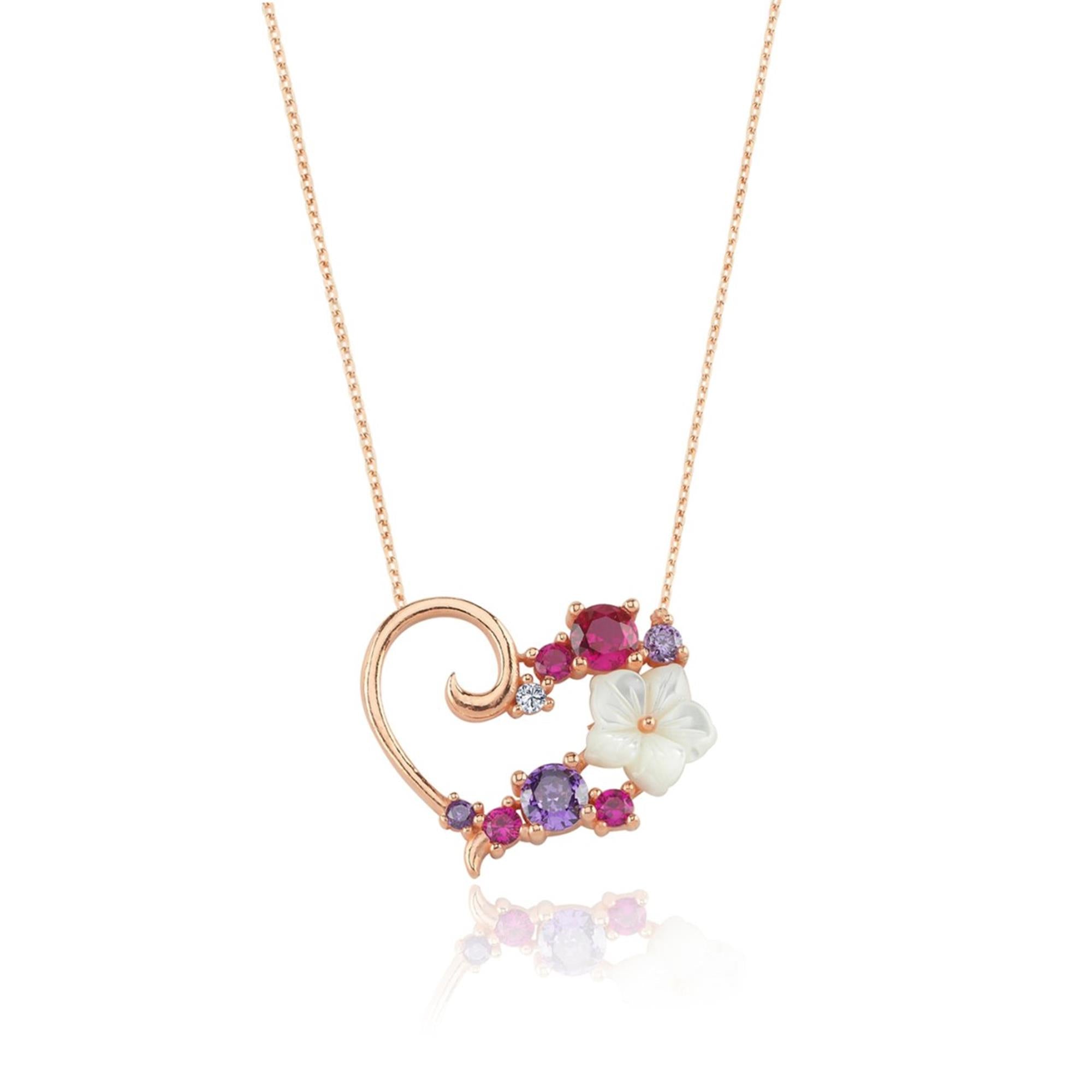 Rose gold heart necklace with white magnolia flower and multicolor zircon stones