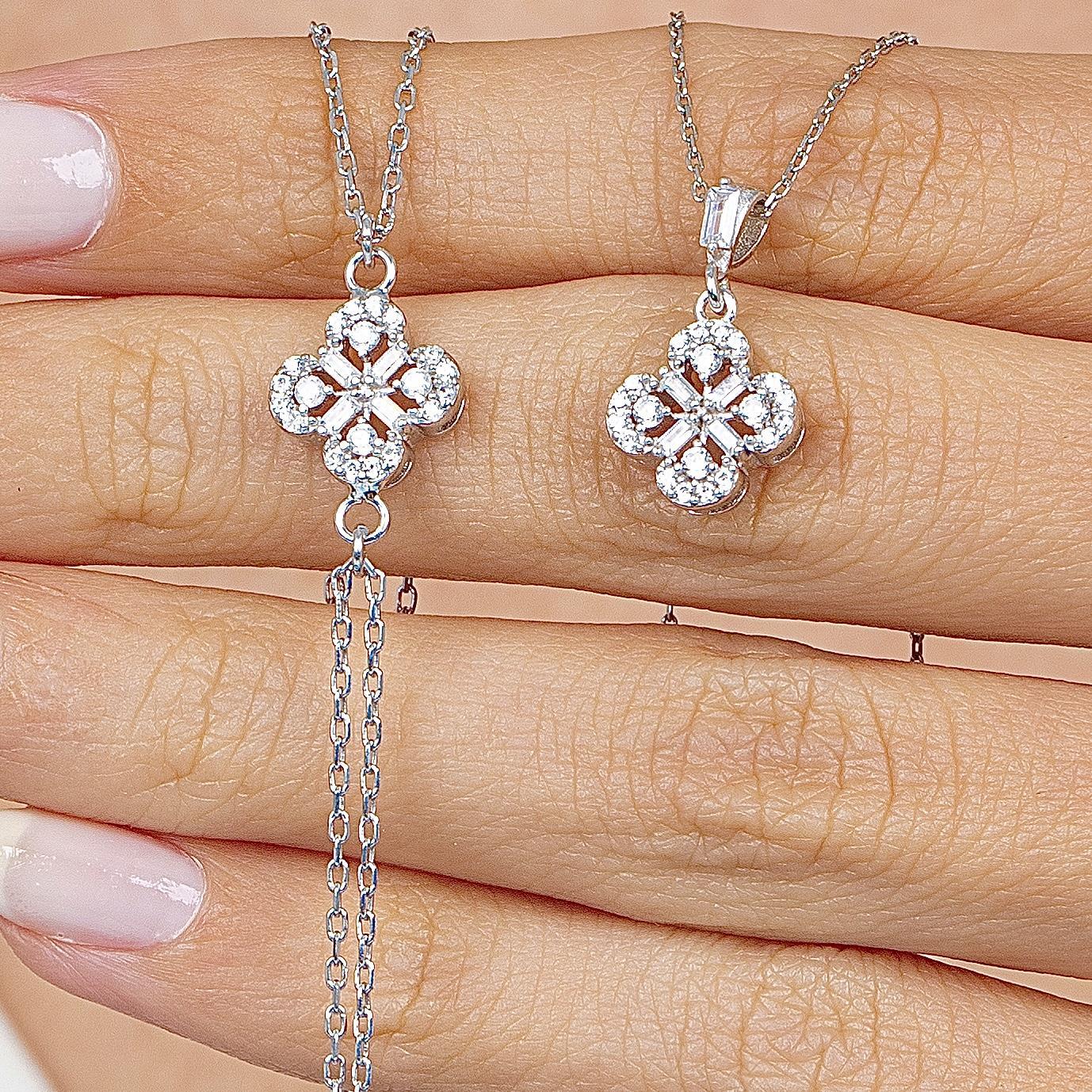 Diamond Baguette Flower Silver Jewelry Set