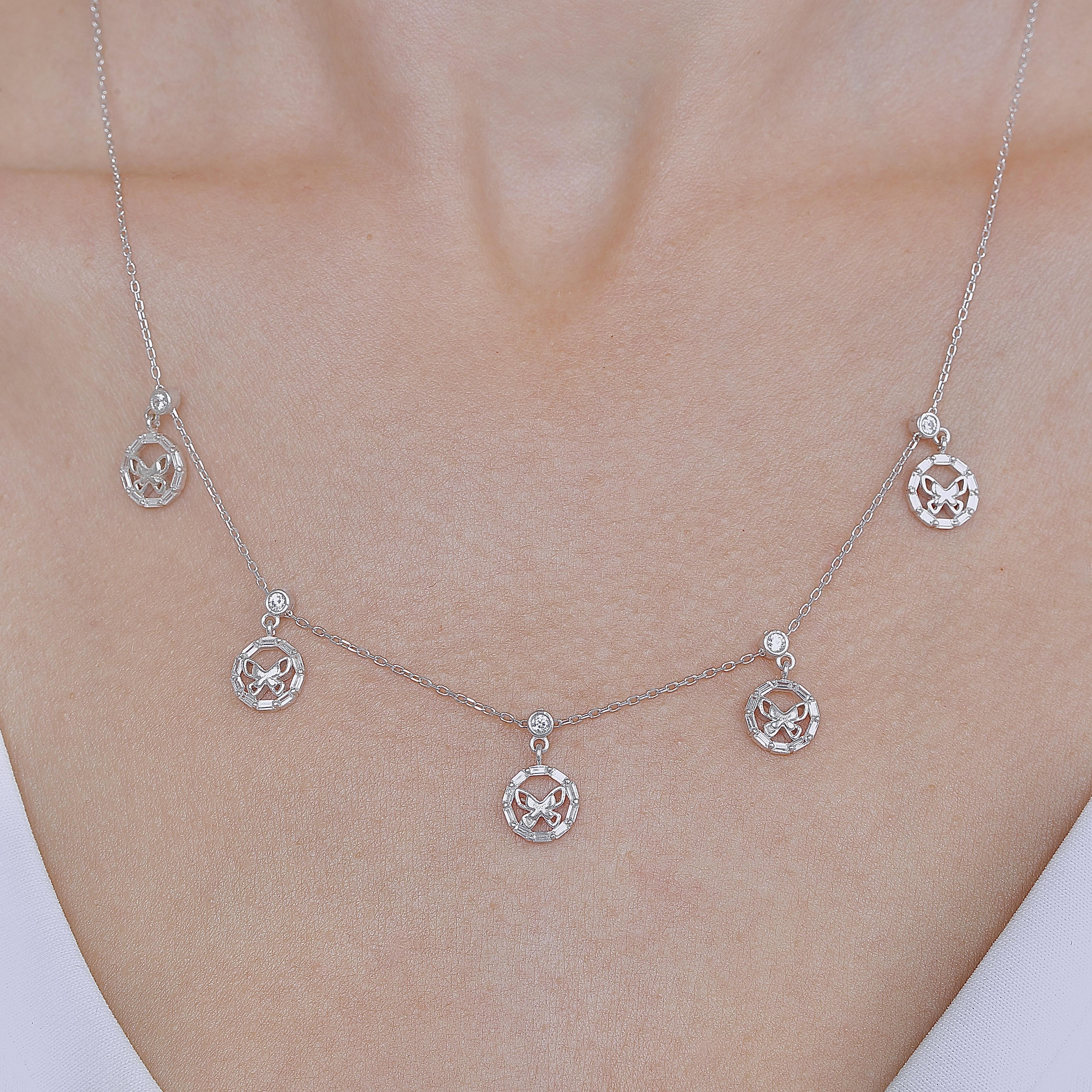 Baguette Butterfly Lucky Silver Choker Necklace