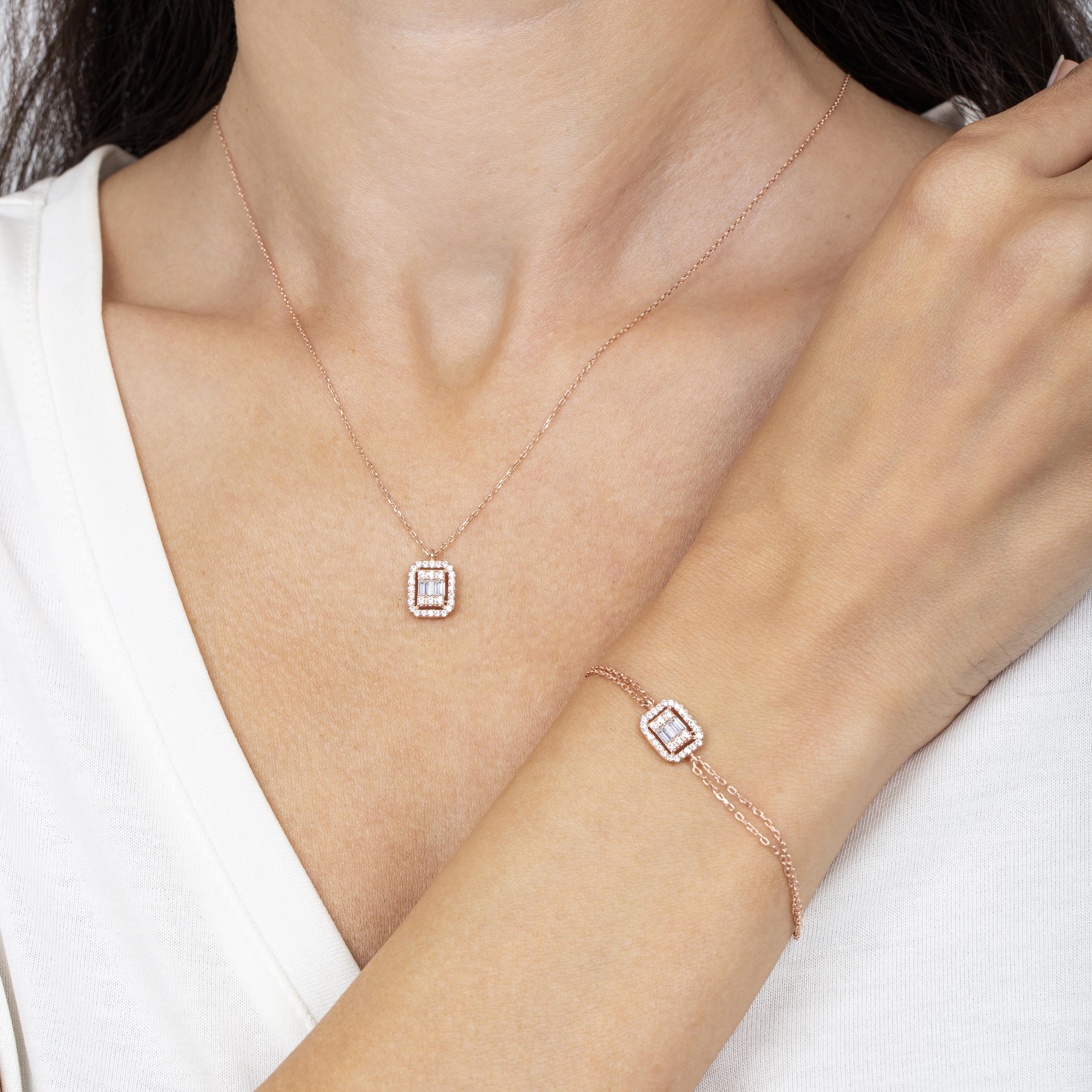 Baguette Square Rose Gold Necklace & Bracelet Set