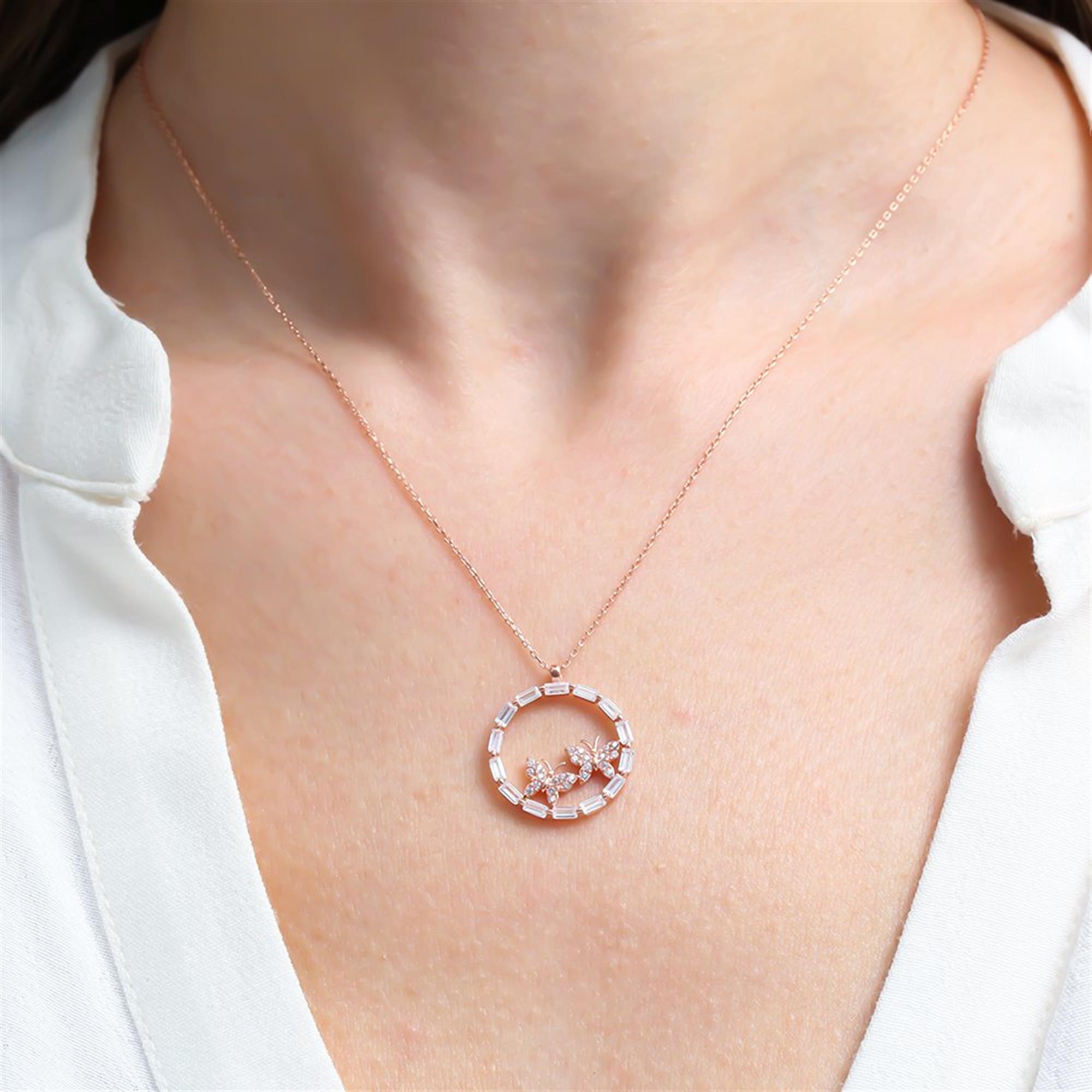 Baguette Butterfly Season Circle Rose Gold Necklace