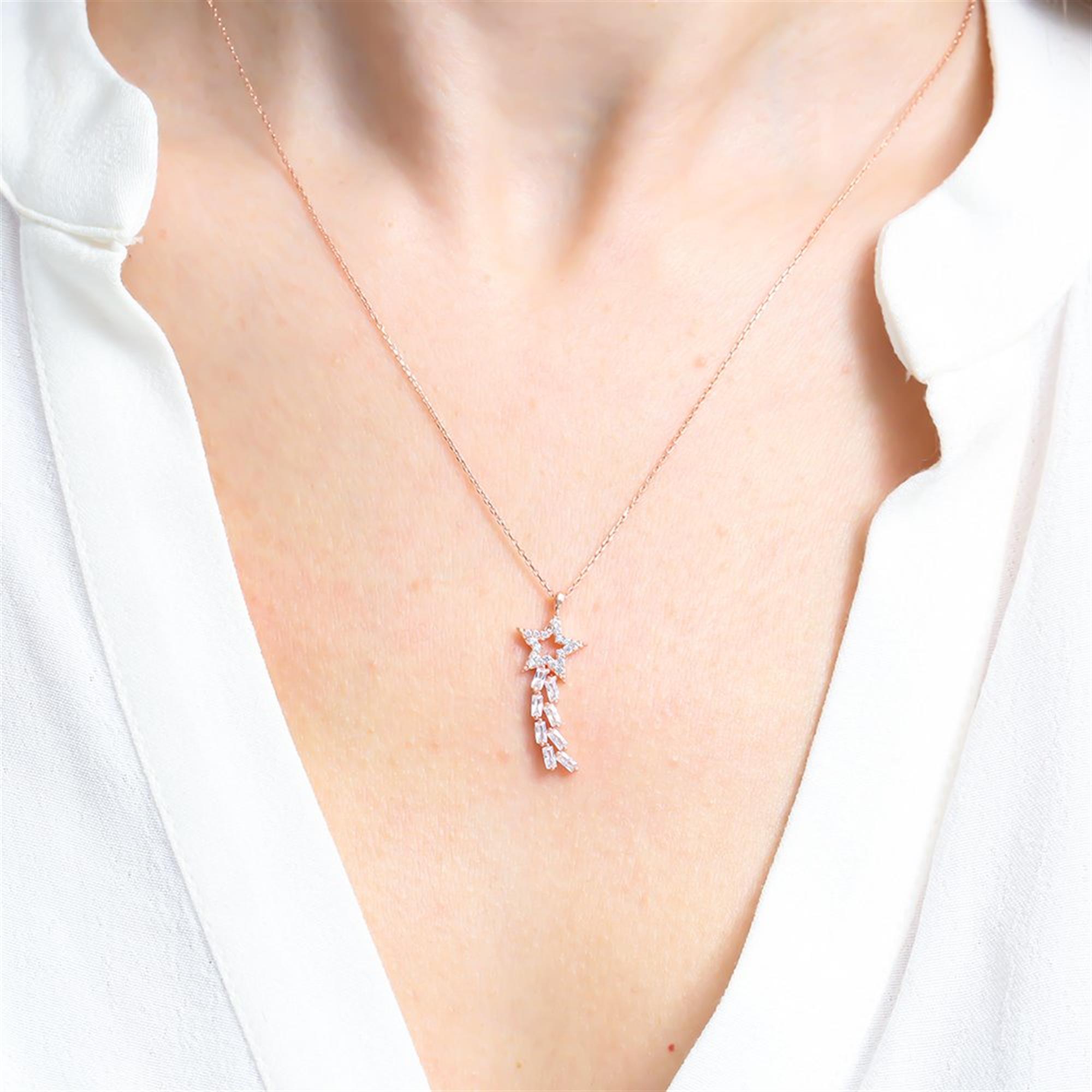 Baguette Stone Shooting Star Rose Gold Necklace