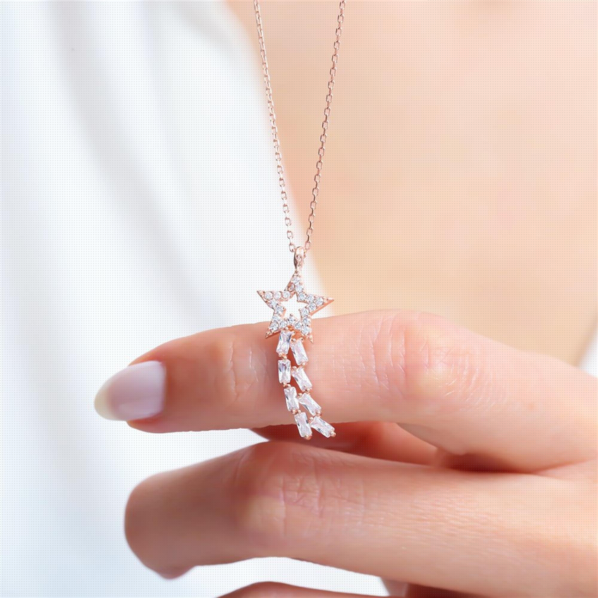Baguette Stone Shooting Star Rose Gold Necklace