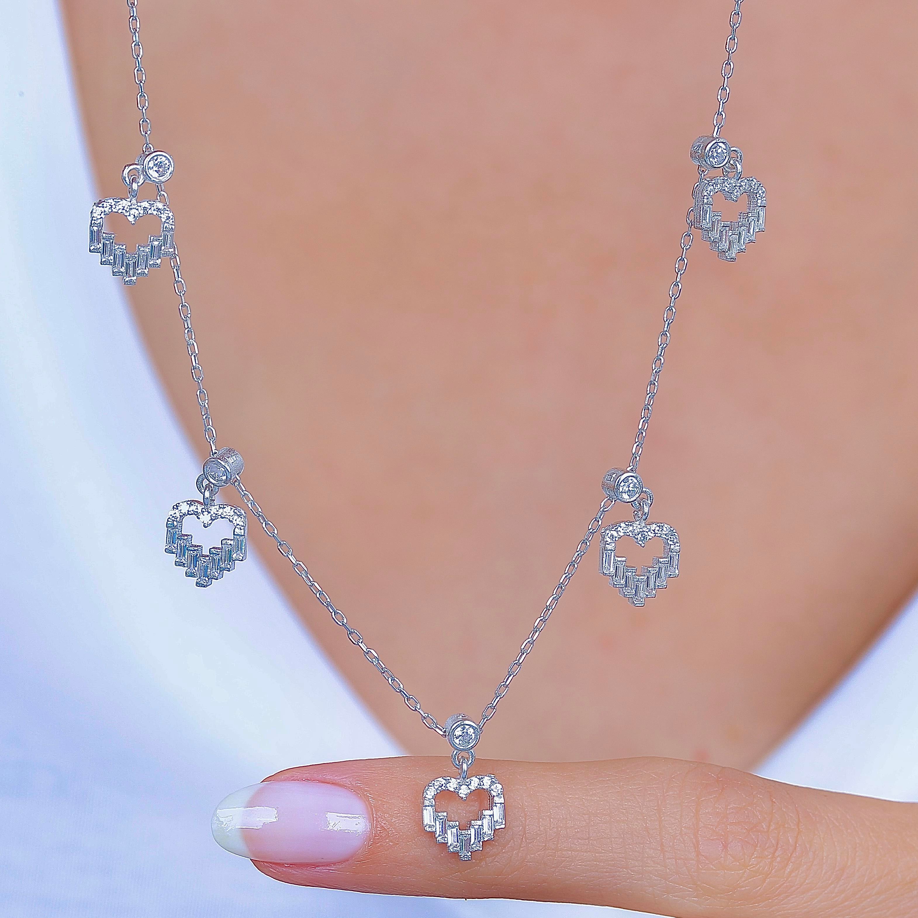 Baguette Hearts Choker Silver Necklace