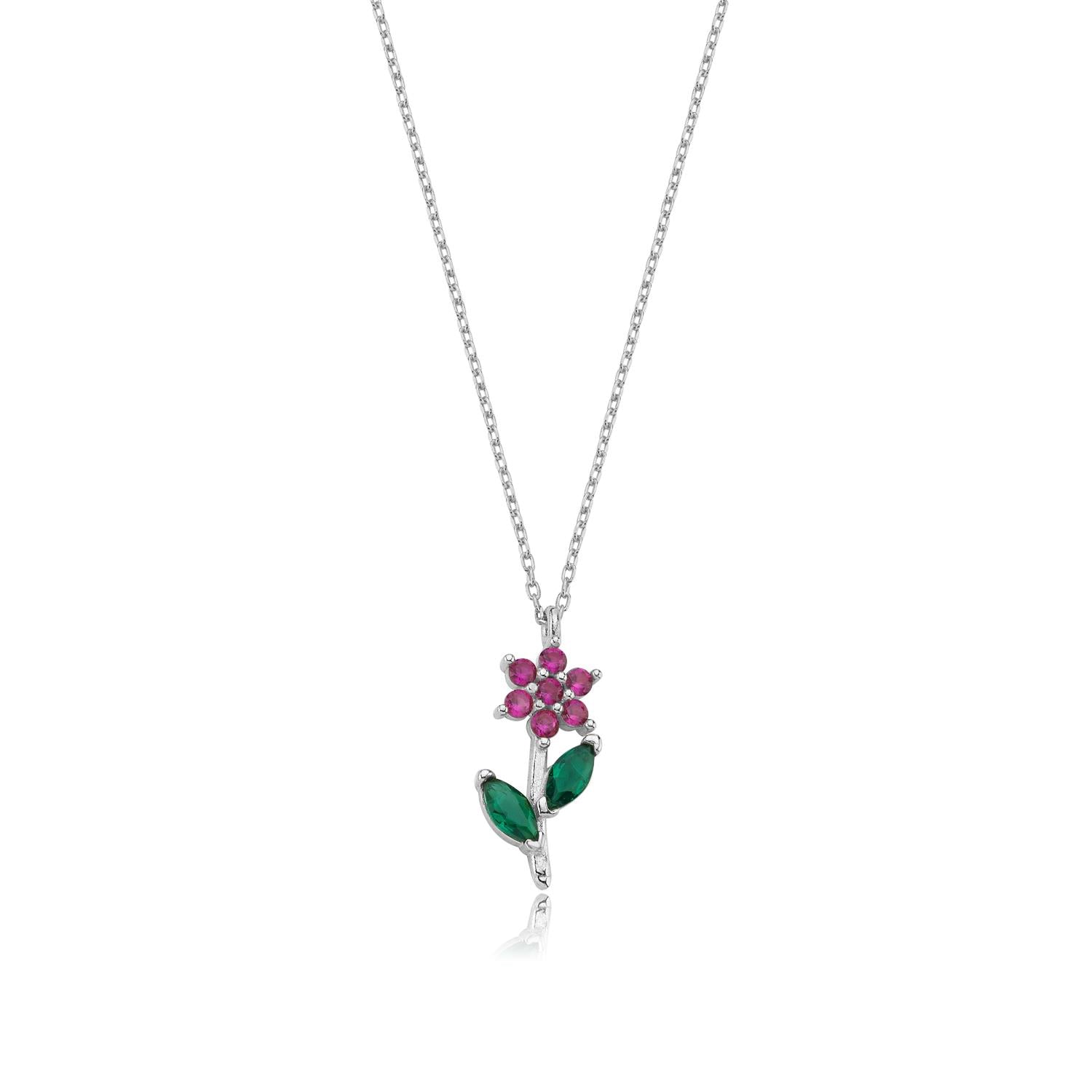 Fuchsia Stone Flower Silver Necklace