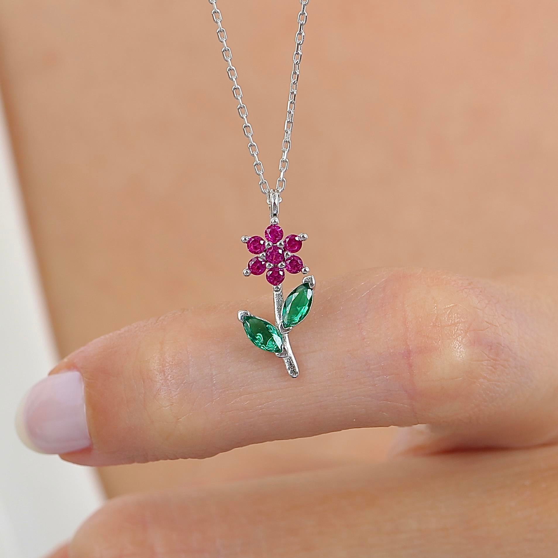 Fuchsia Stone Flower Silver Necklace