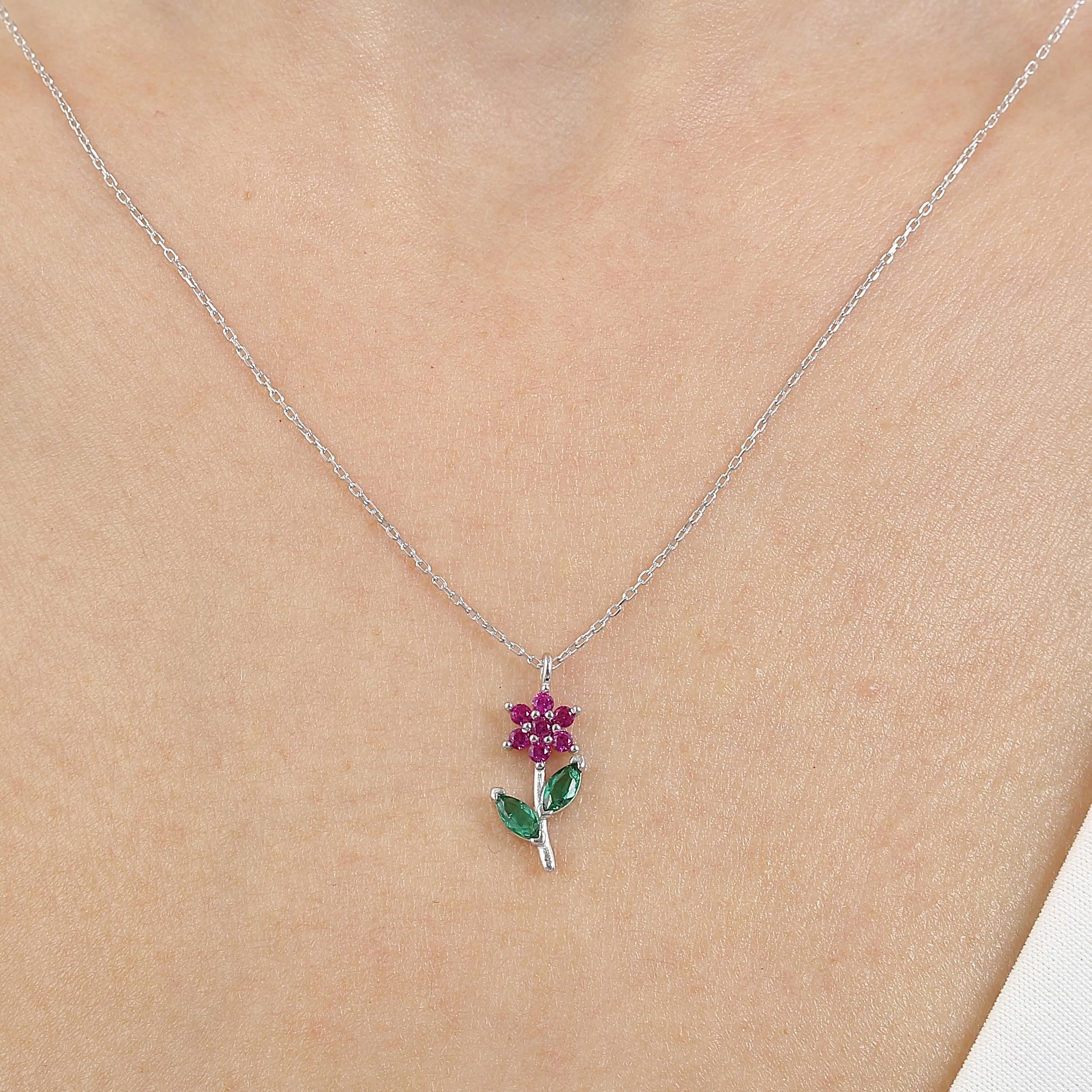 Fuchsia Stone Flower Silver Necklace
