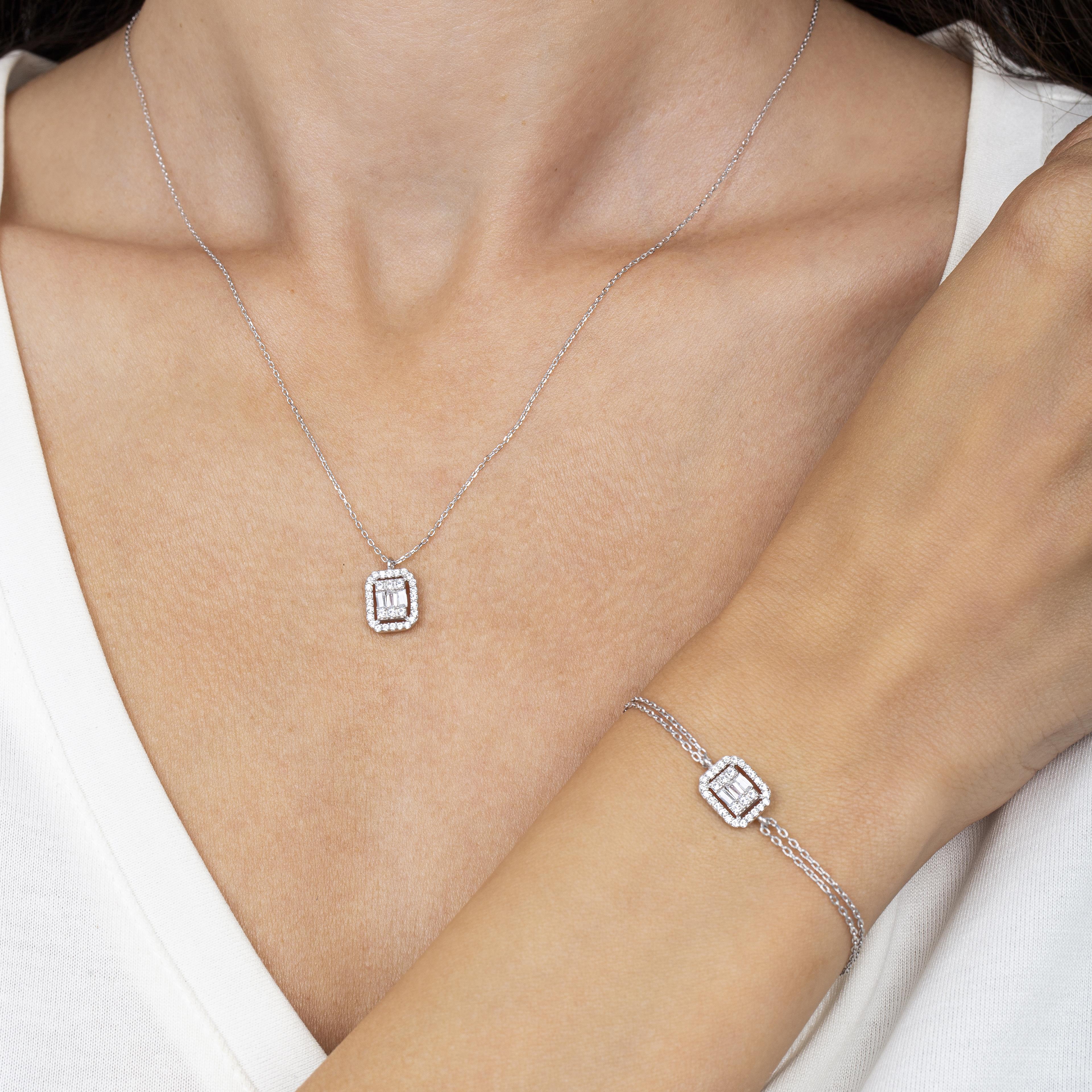 Baguette Square Silver Bracelet & Necklace Set