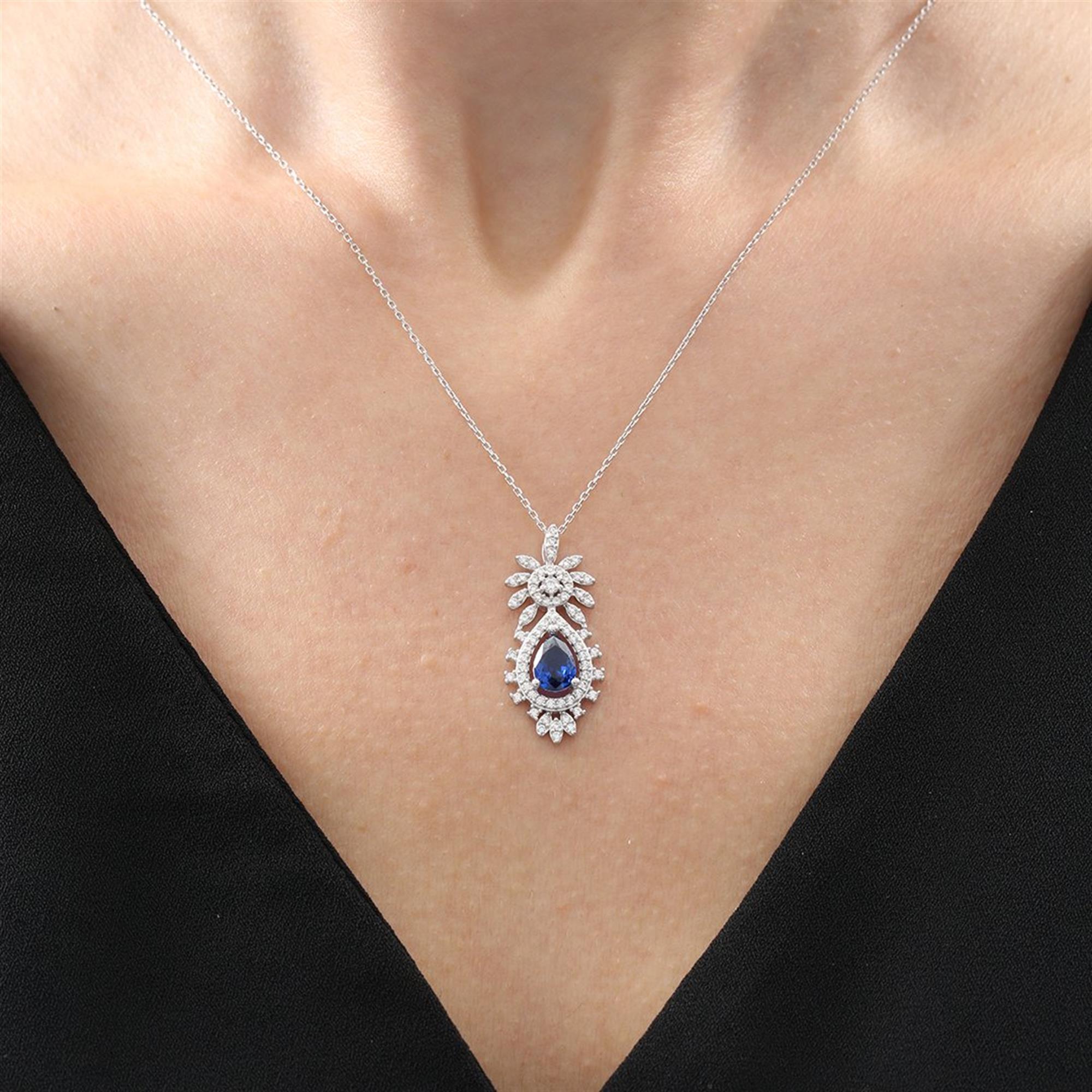 Effective Diamond Prosperity Drop Sapphire Silver Necklace