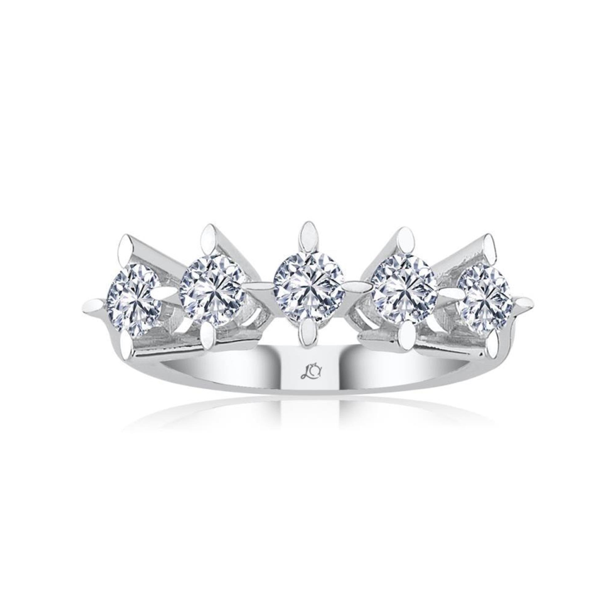 Sterling silver five stone ring with round cubic zirconia – classic anniversary or engagement band with elegant sparkle.